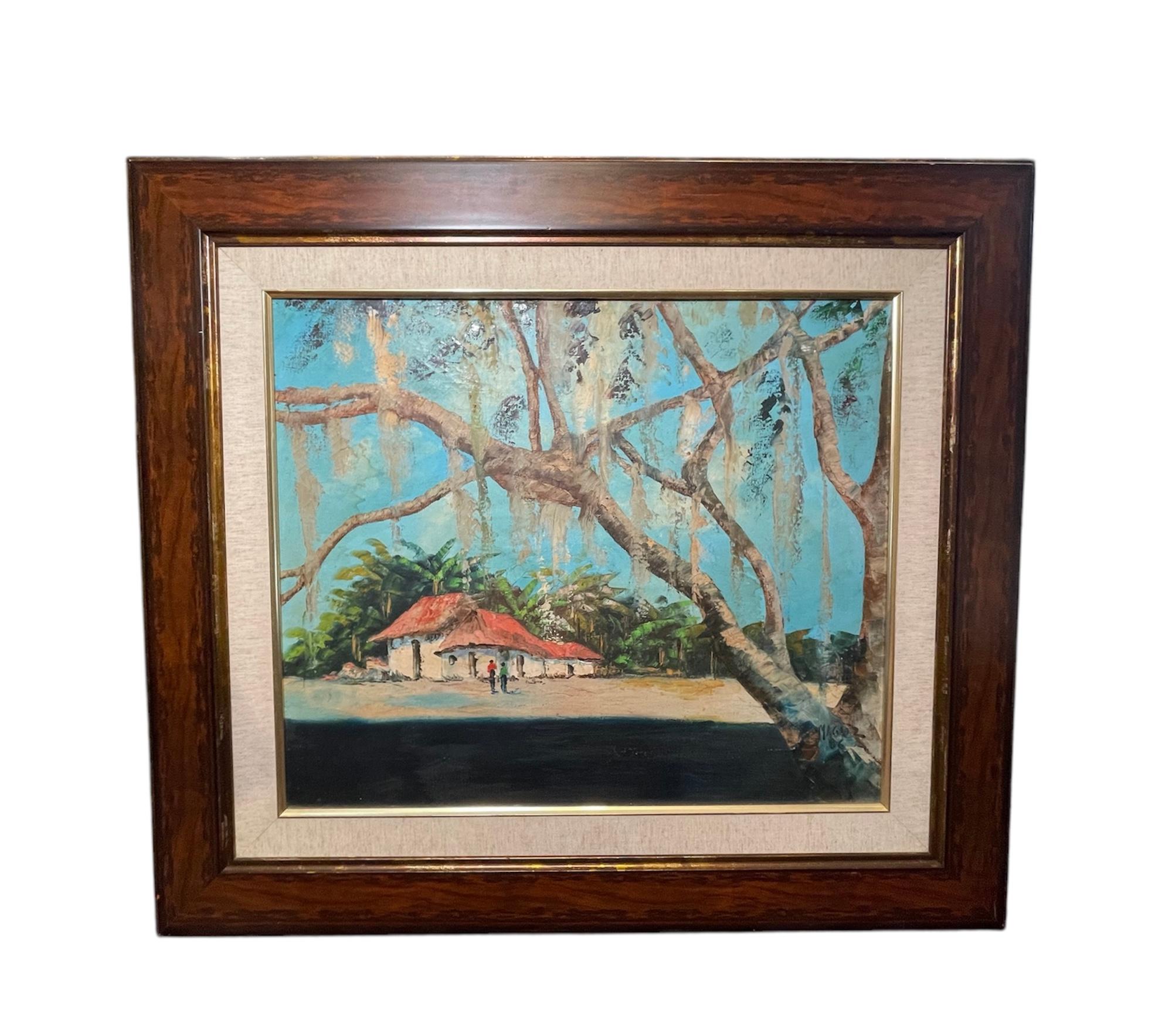 This is an Oil Painting of a Banana Plantation Countryside House. It depicts several branches of an oak tree with moss hanging from it. In the center, far away from the oak tree, there is a country house surrounded at the back with multiple banana