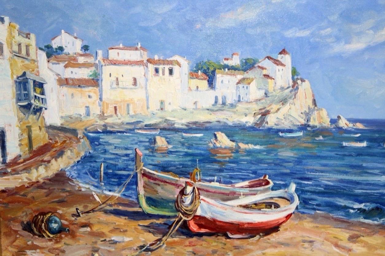 Francese Pittura su tela ad olio, paesaggio marino mediterraneo in vendita