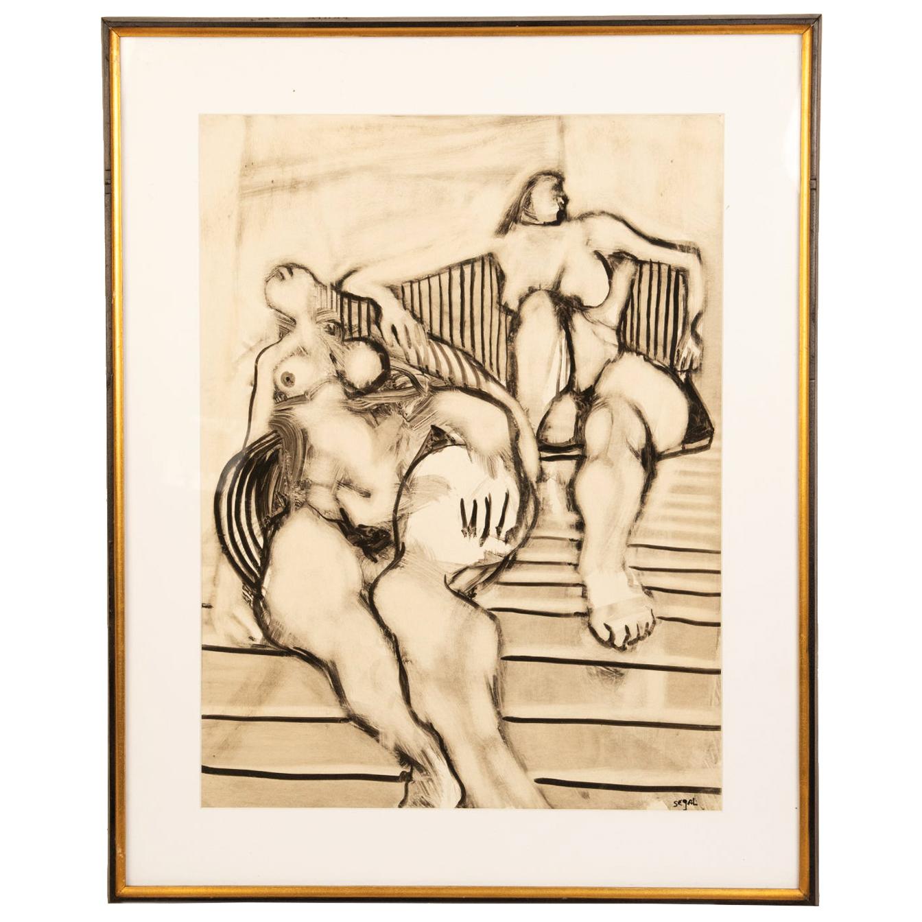 Oil Drawing of Two Nude Woman by Seymour Segal, circa 1971