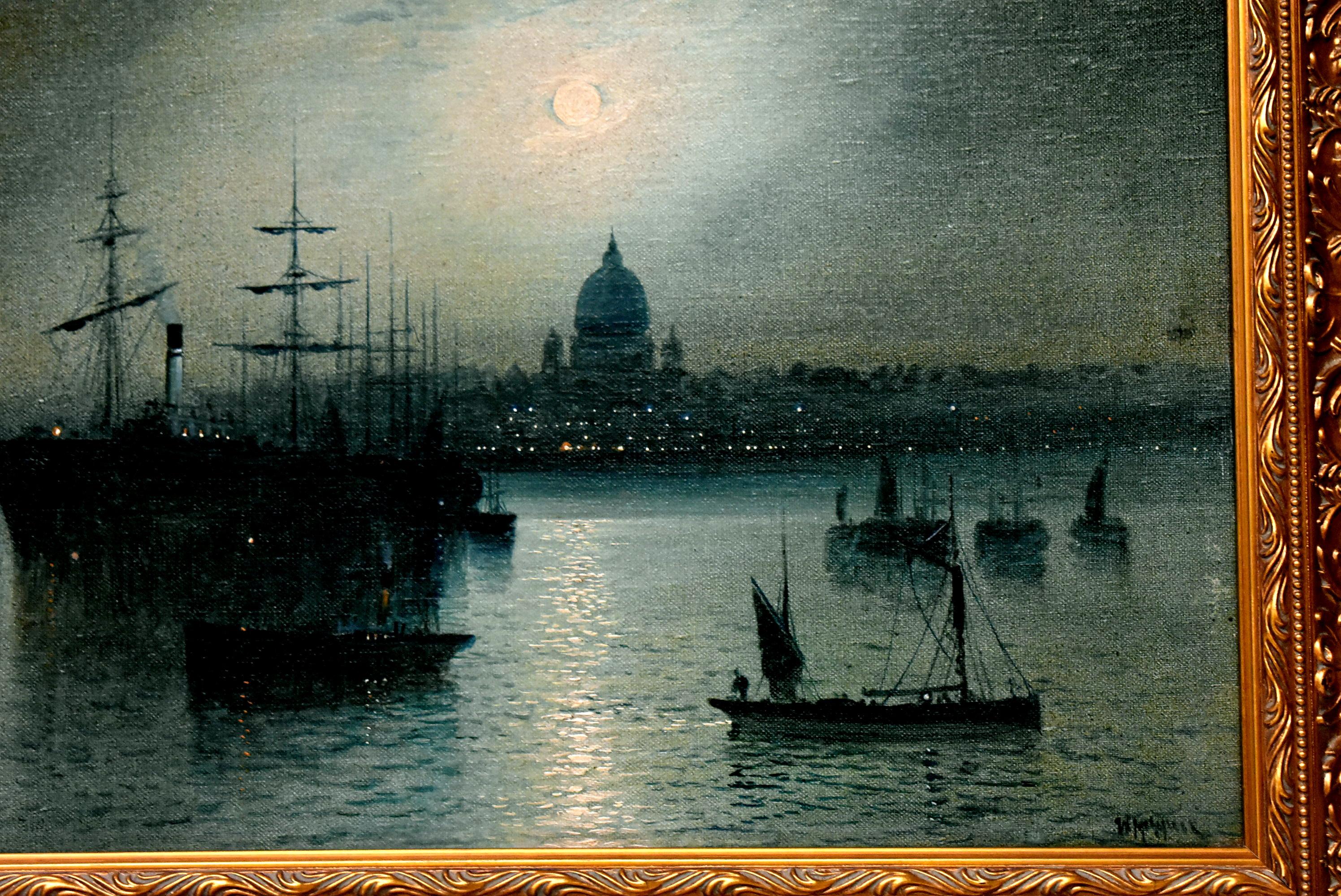 Oil on board of a moonlit harbor scene by Walter Meegan (1859-1944) This artist was a student of John Atkinson Grimshaw and often painted in the same spirit. Night scenes with moonlight in landscapes, ports and cities. New custom frame. Overall 17