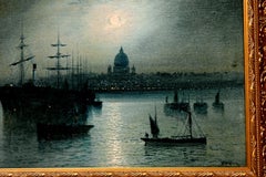 Walter Meegan Harbor Scene in Moonlight Oil Painting