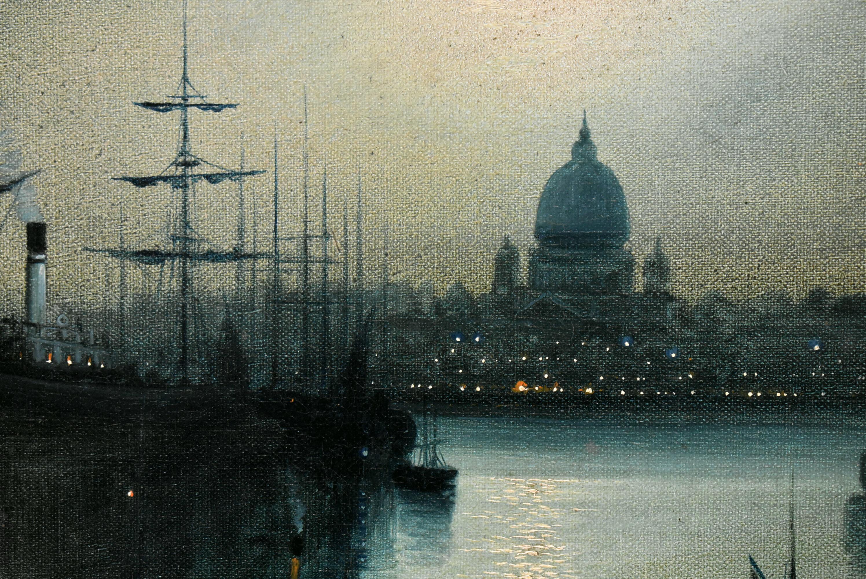Art Nouveau Walter Meegan Harbor Scene in Moonlight Oil Painting For Sale