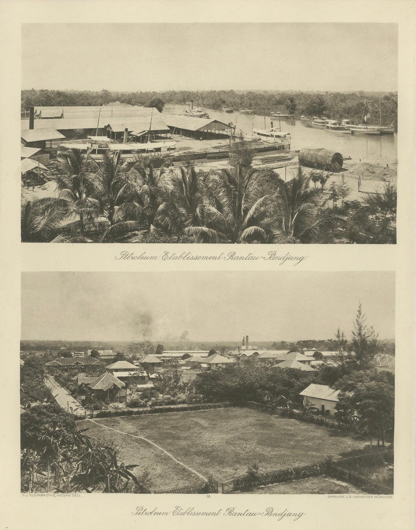 Établissement pétrolier, Rantau-Pandjang - A.I.C. Kleingrothe, vers 1910

Photogravure historique à double vue montrant l'établissement pétrolier de Rantau-Pandjang, un site clé pour la production et le transport du pétrole dans l'est de Sumatra au