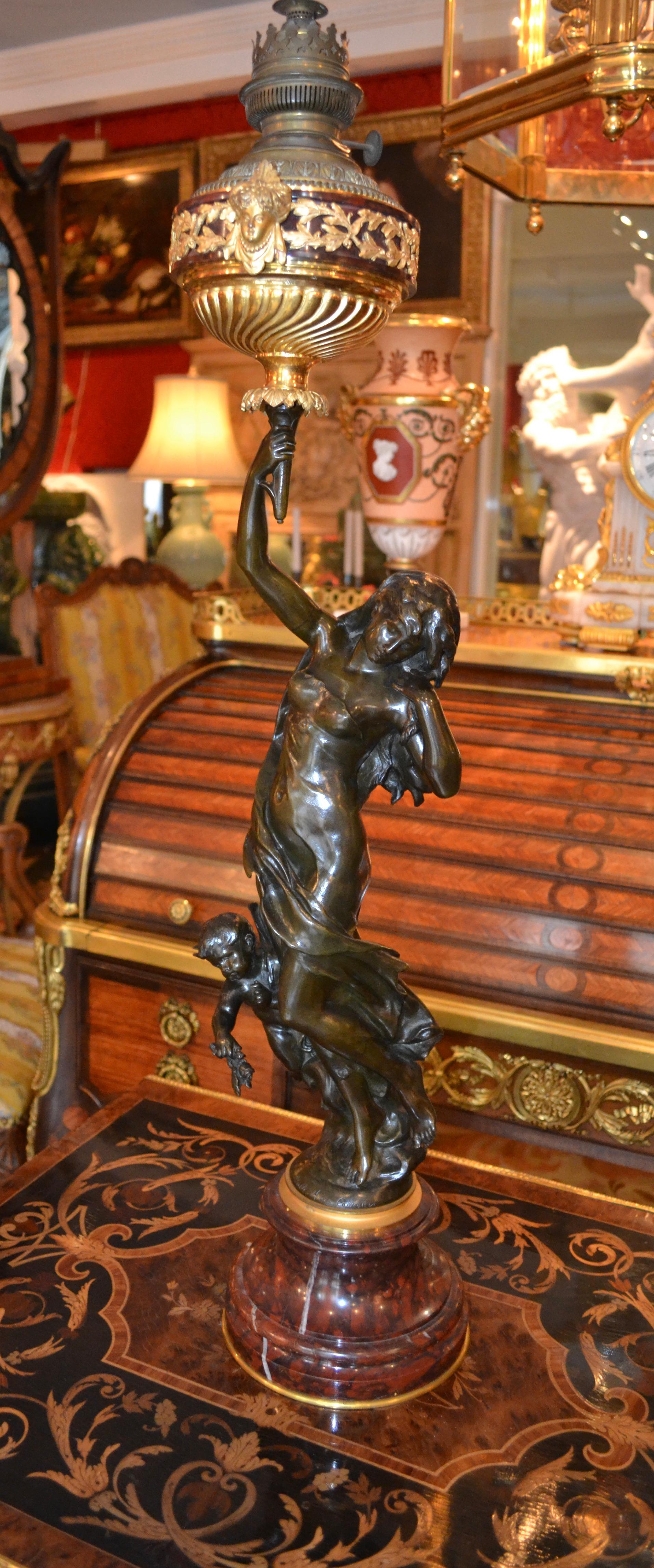  Oil Lamp Featuring a Mathurin Moreau Bronze Statue of  a Nymph and Putto   For Sale 5