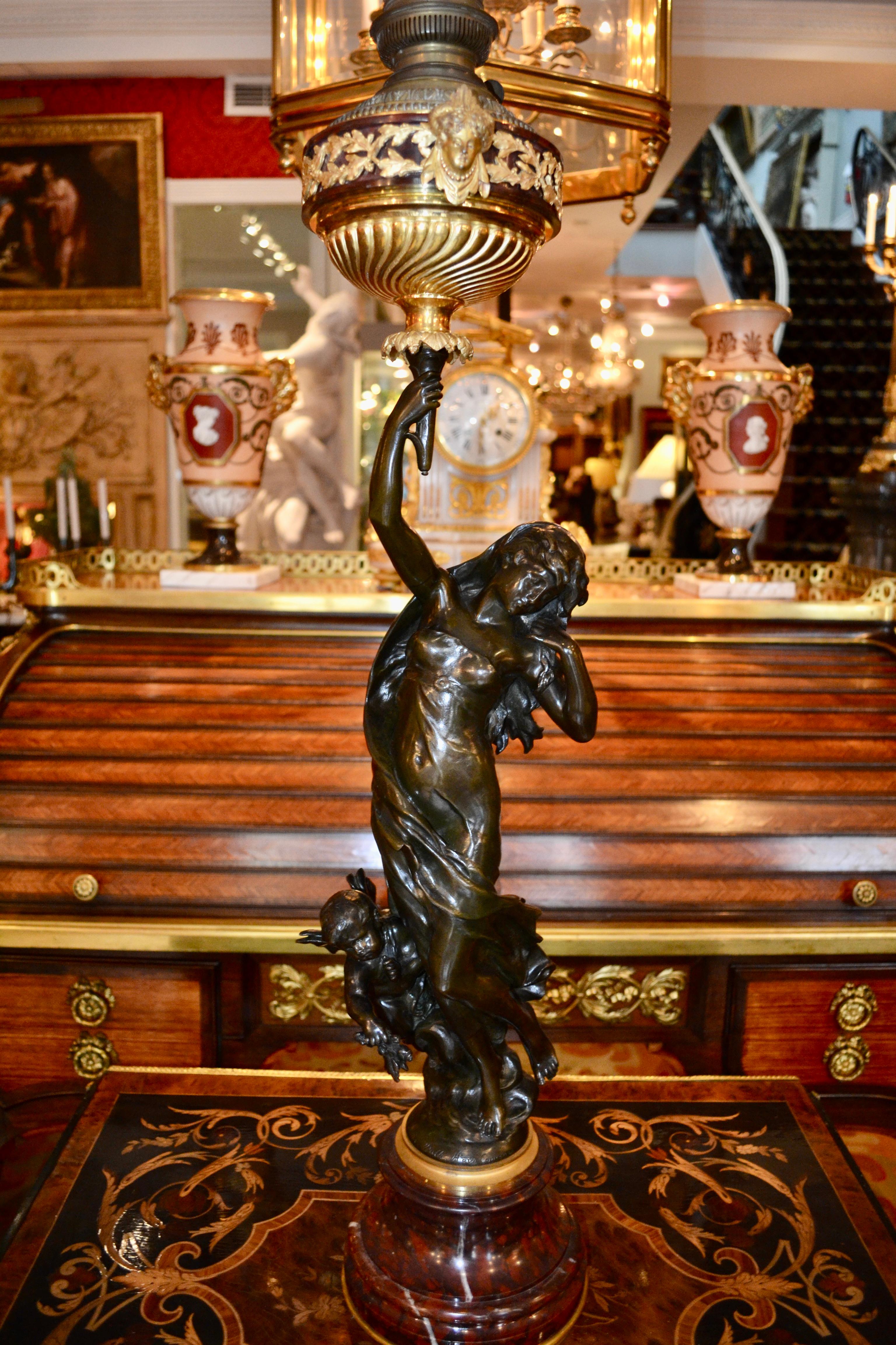  Oil Lamp Featuring a Mathurin Moreau Bronze Statue of  a Nymph and Putto   For Sale 9