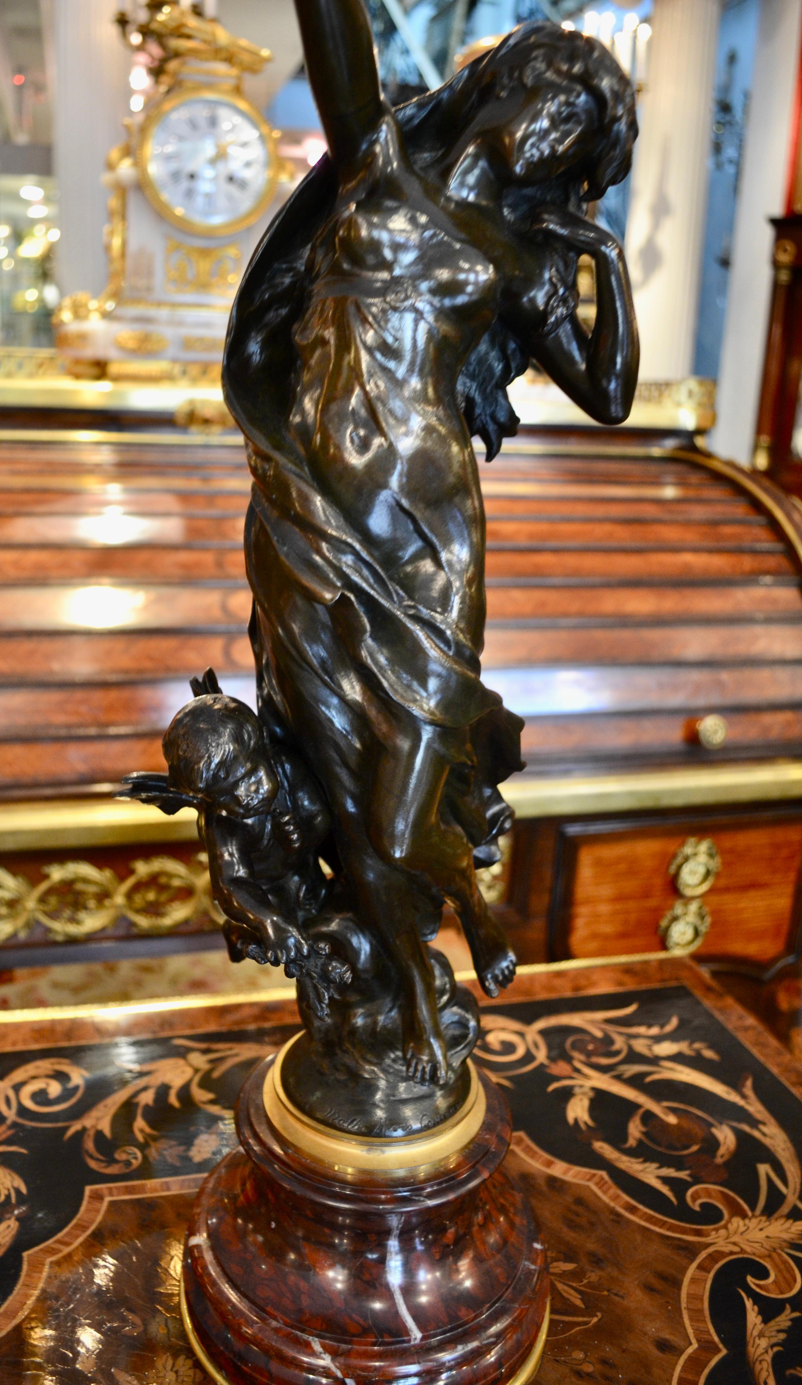  Oil Lamp Featuring a Mathurin Moreau Bronze Statue of  a Nymph and Putto   For Sale 10