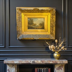 Oil Landscape on wood panel with carved composition frame, 19th Century