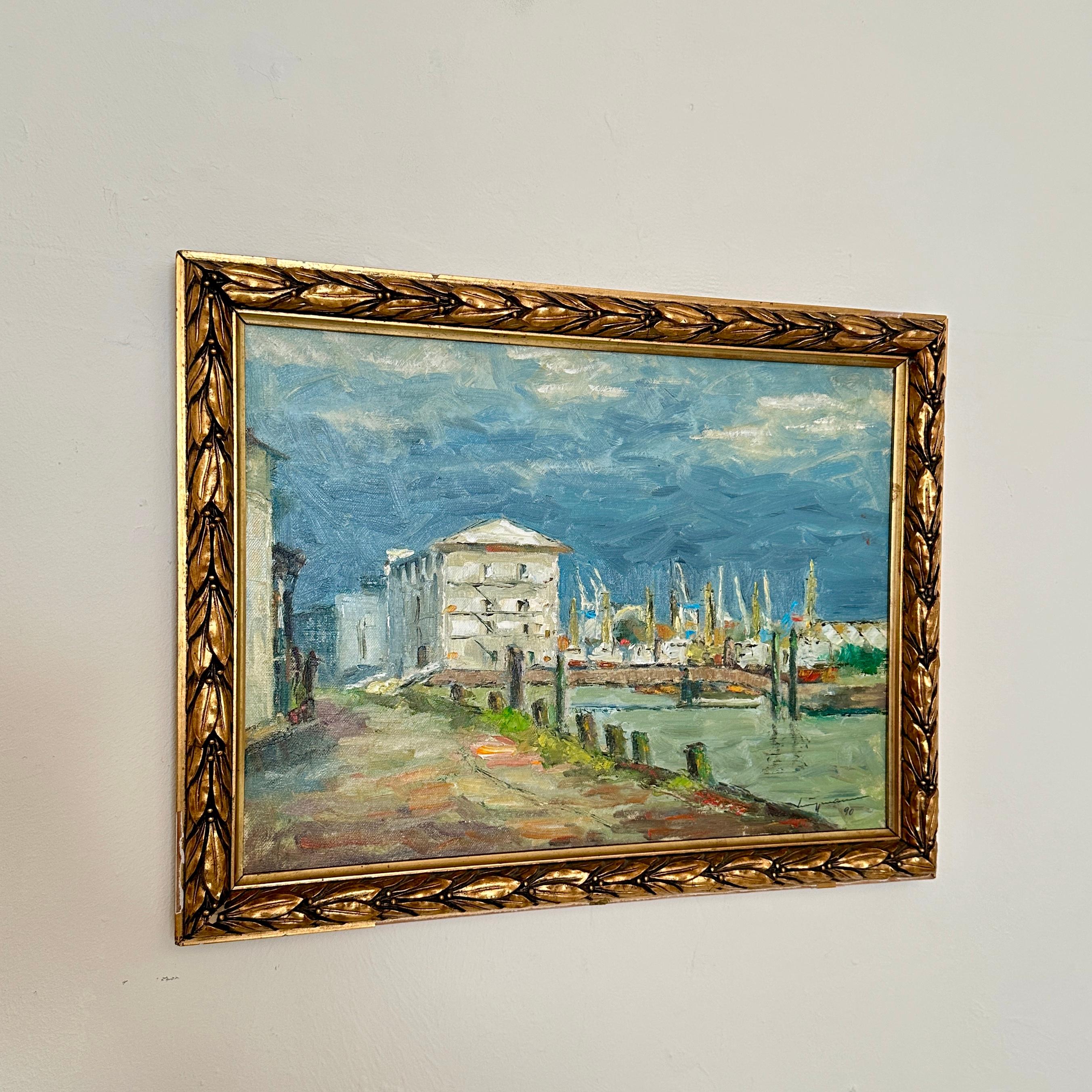 Italian Oil Landscape Painting in Gilded Frame, around 1990 For Sale