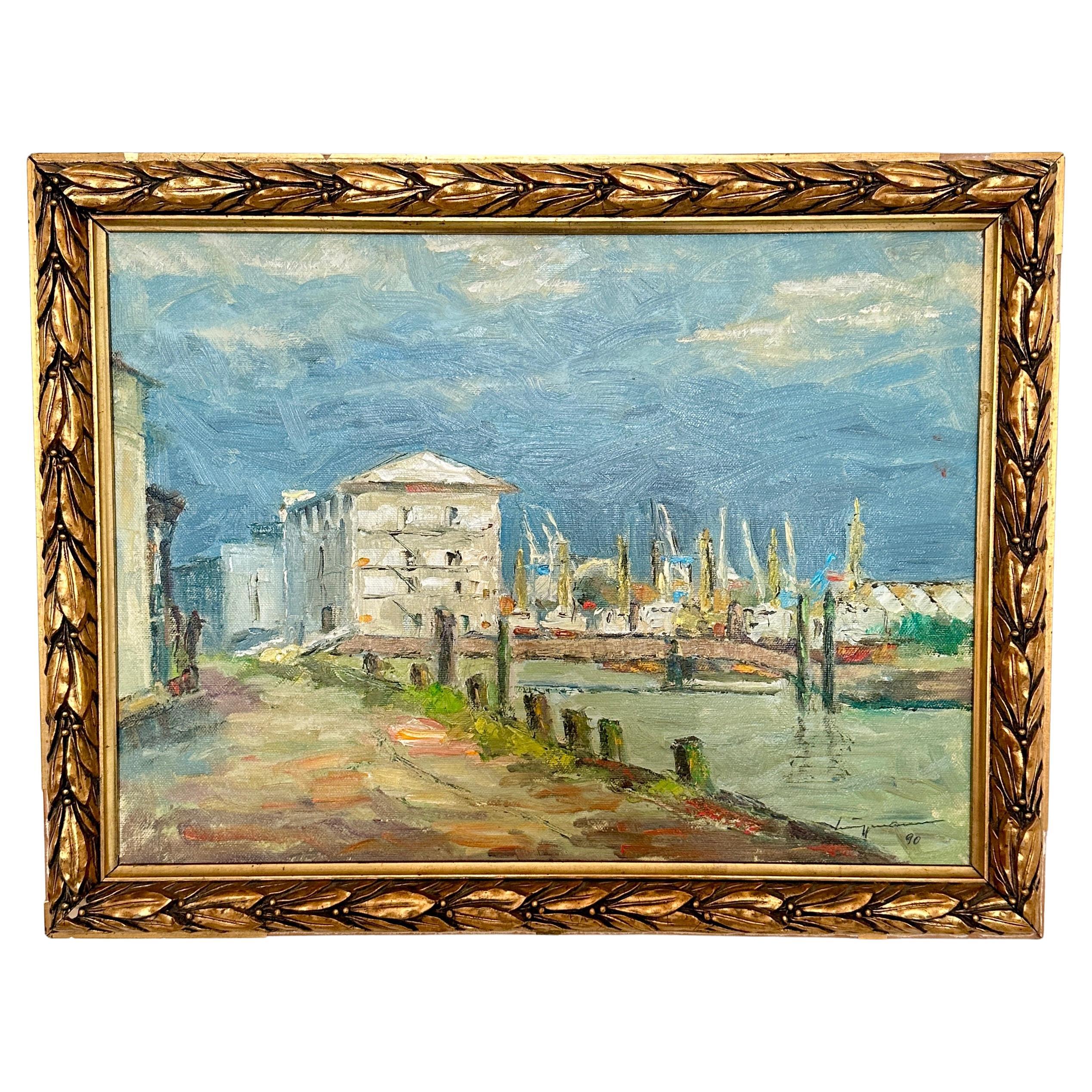 Oil Landscape Painting in Gilded Frame, around 1990 For Sale