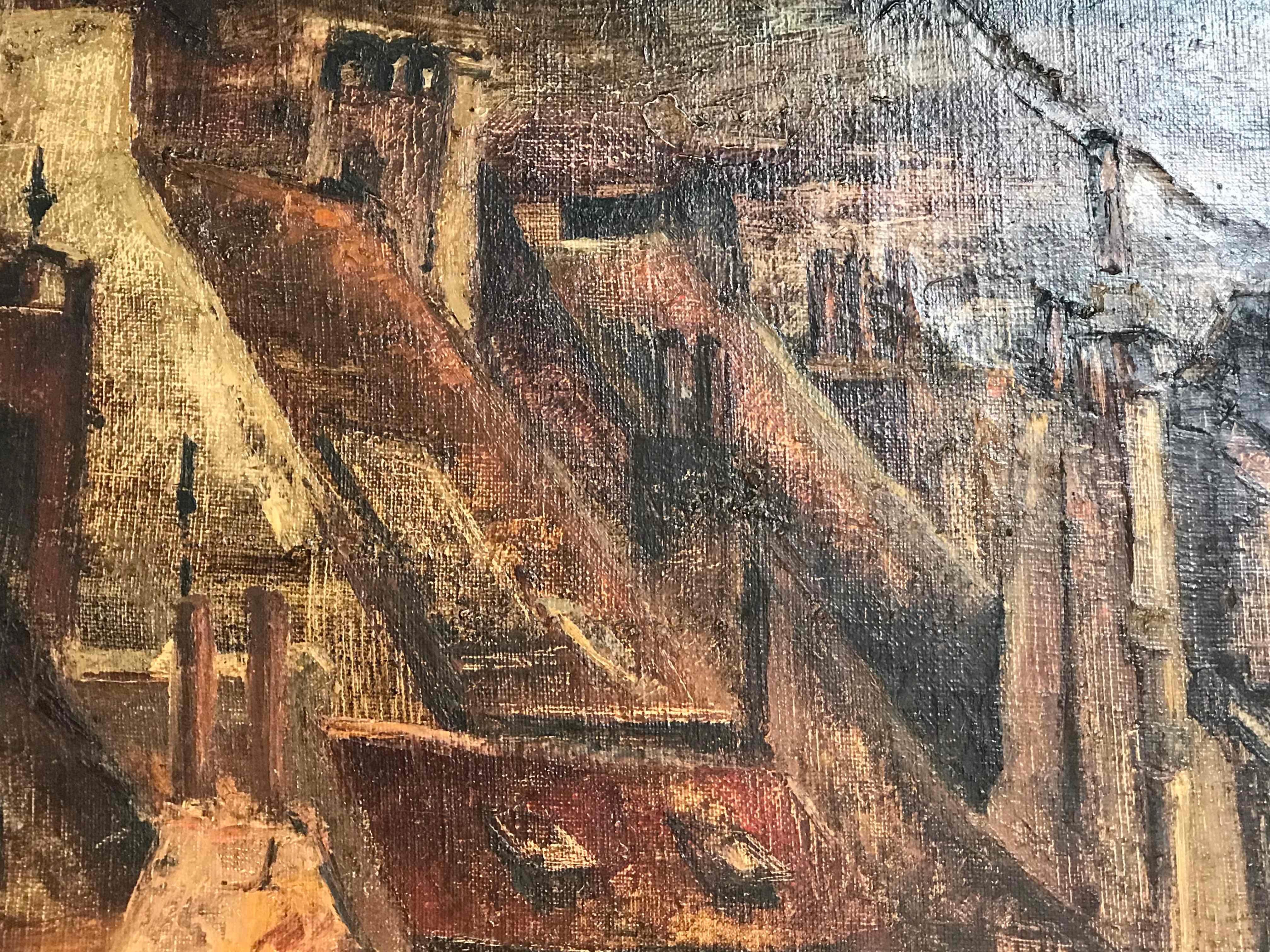 Oil Landscape Painting of Belgian Town in Gilt Frame Circa 1890 In Good Condition In Los Angeles, CA