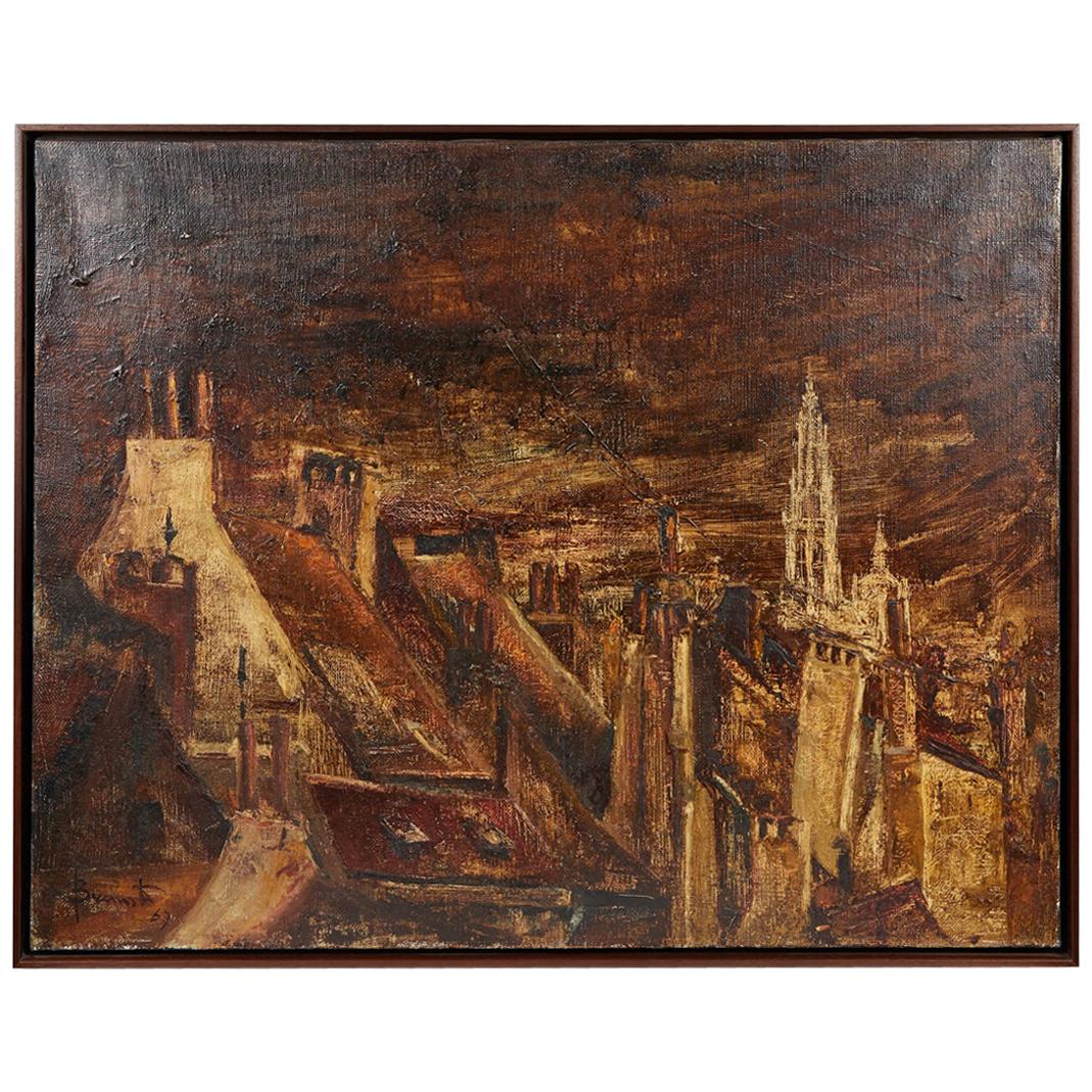Oil Landscape Painting of Belgian Town in Gilt Frame, circa 1890