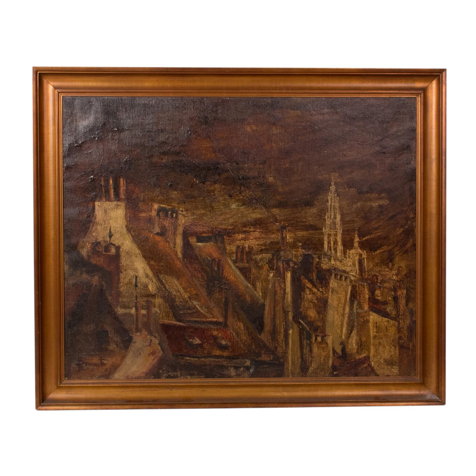 Oil Landscape Painting of Belgian Town in Gilt Frame Circa 1890