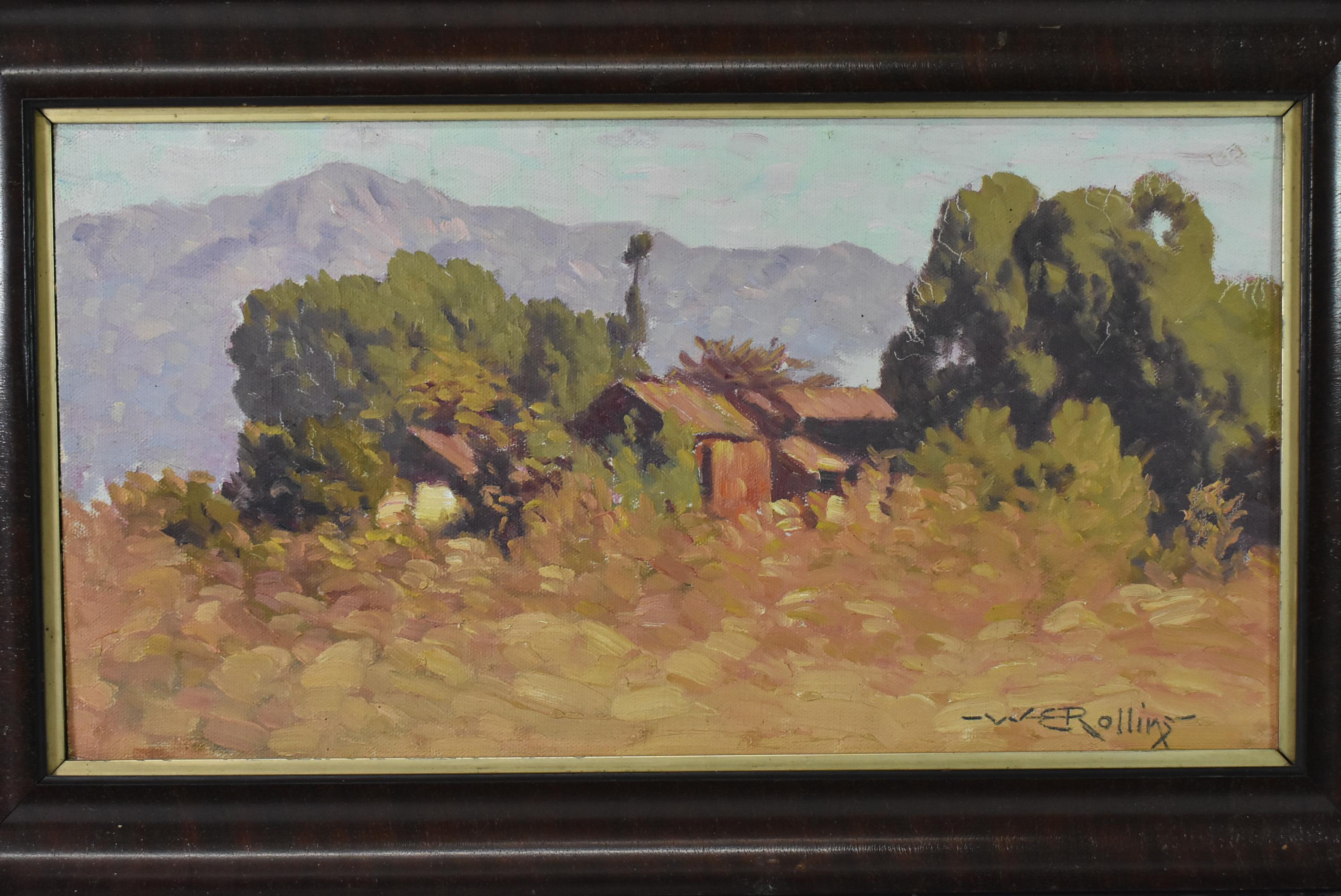 Southwestern artist Warren Eliphalet Rollins (b.1861-1962). Landscape with cabin and mountain range in the distance. Signed lower right. Overall size is 14.25