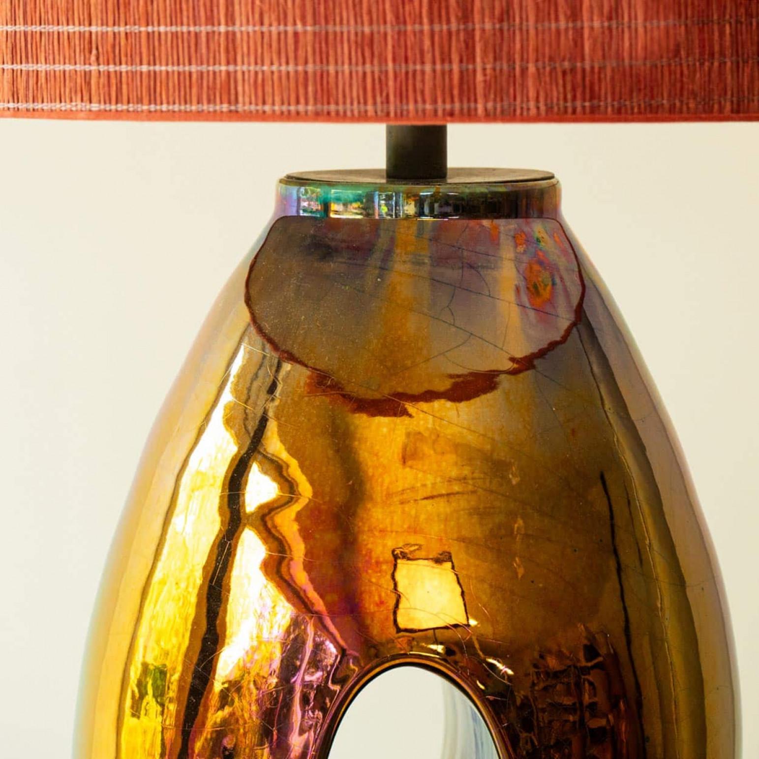 French Oil Look Multicolor Table Lamp, Custom Made Lampshade by R. Houben For Sale