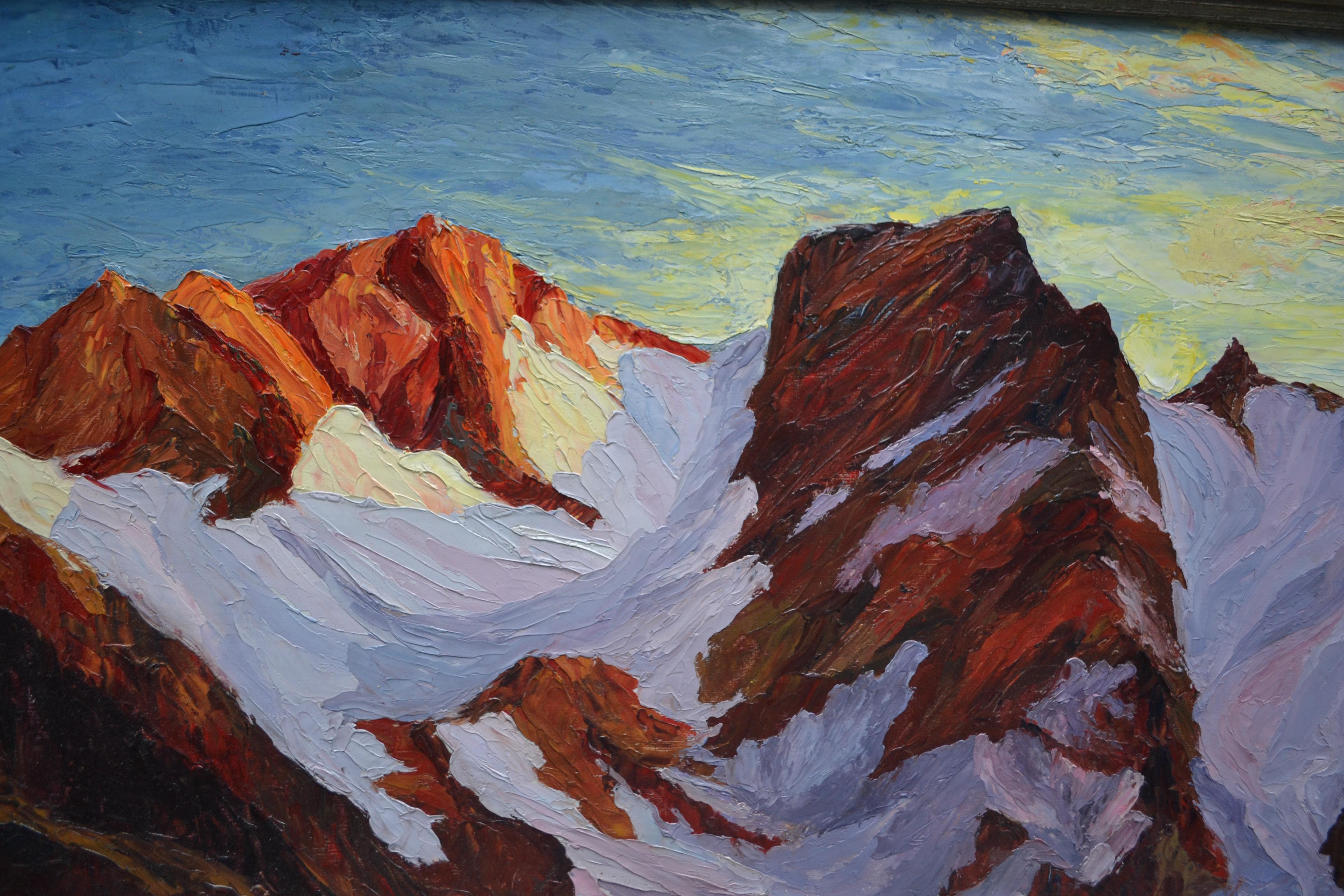 Paper  Oil medium on paper painting of Mountains and Glacier signed Pelletier For Sale