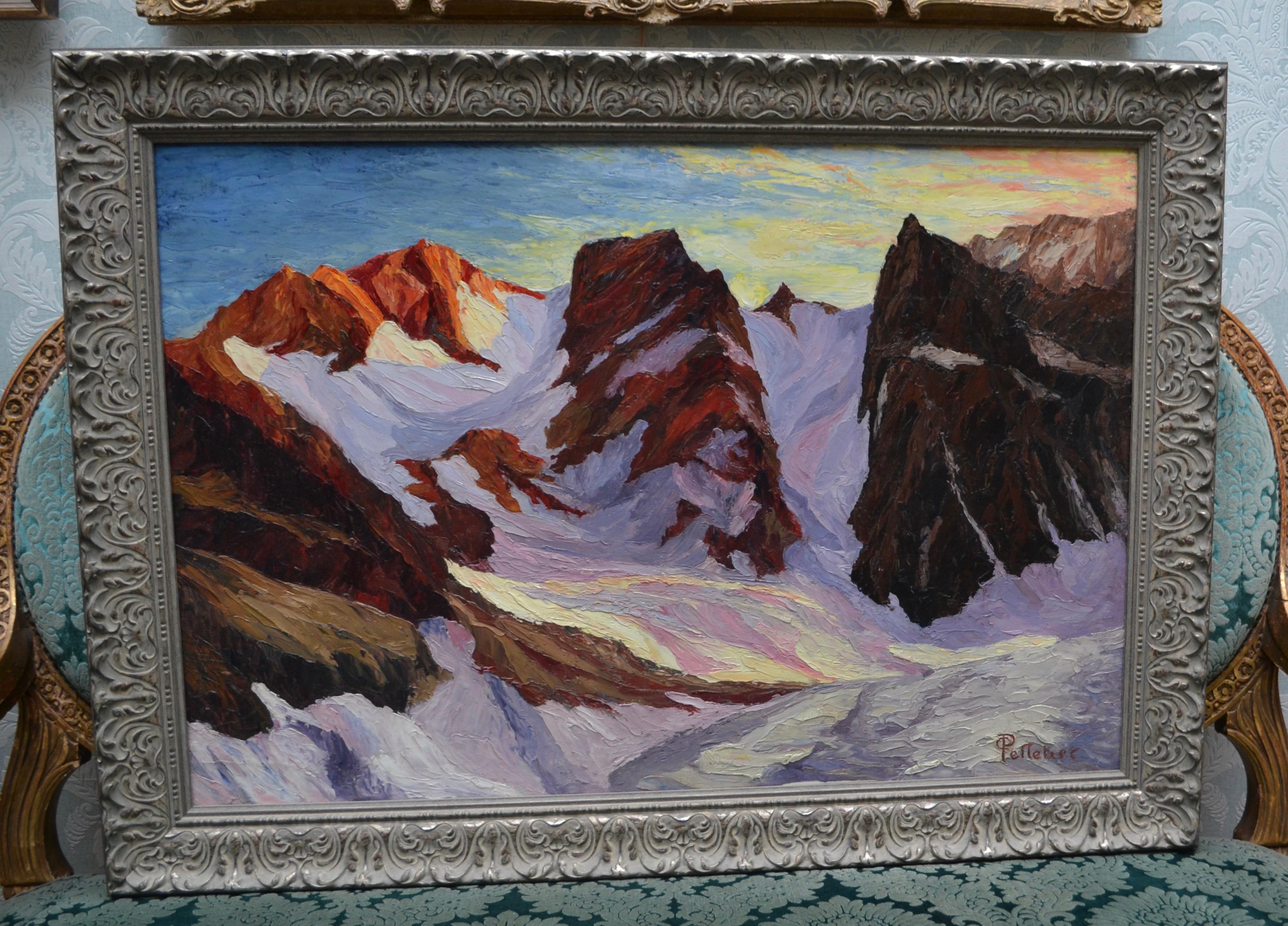 This painting of a European alpine Mountain scene with very bold and distinctive brushwork is done in an oil medium piece on paper, which has been affixed to a multi-fibre paperboard. Signed Pelletier on the lower right corner with verso label on