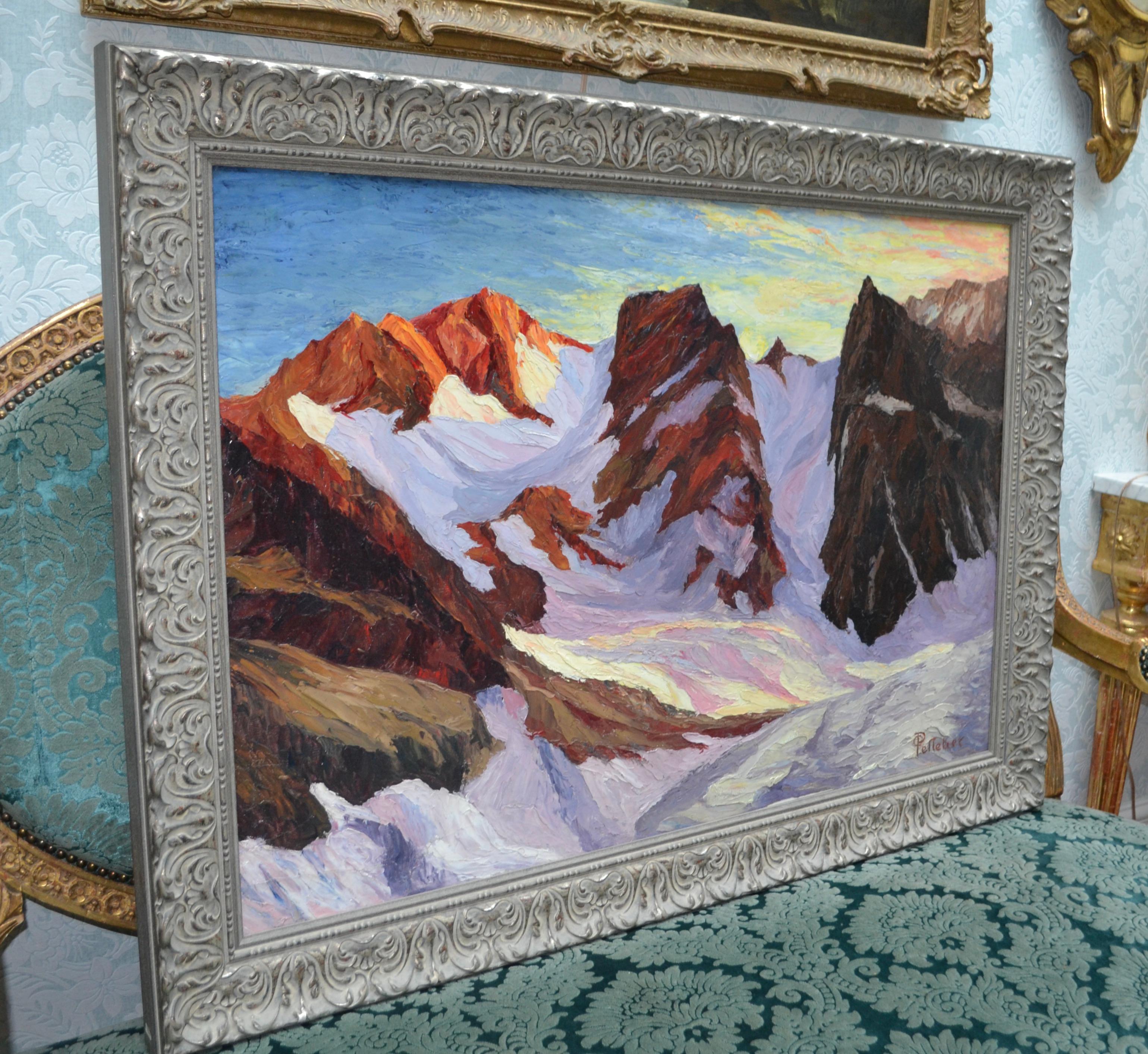 Mid-Century Modern  Peinture à l'huile sur papier des montagnes et du glacier signée Pelletier en vente