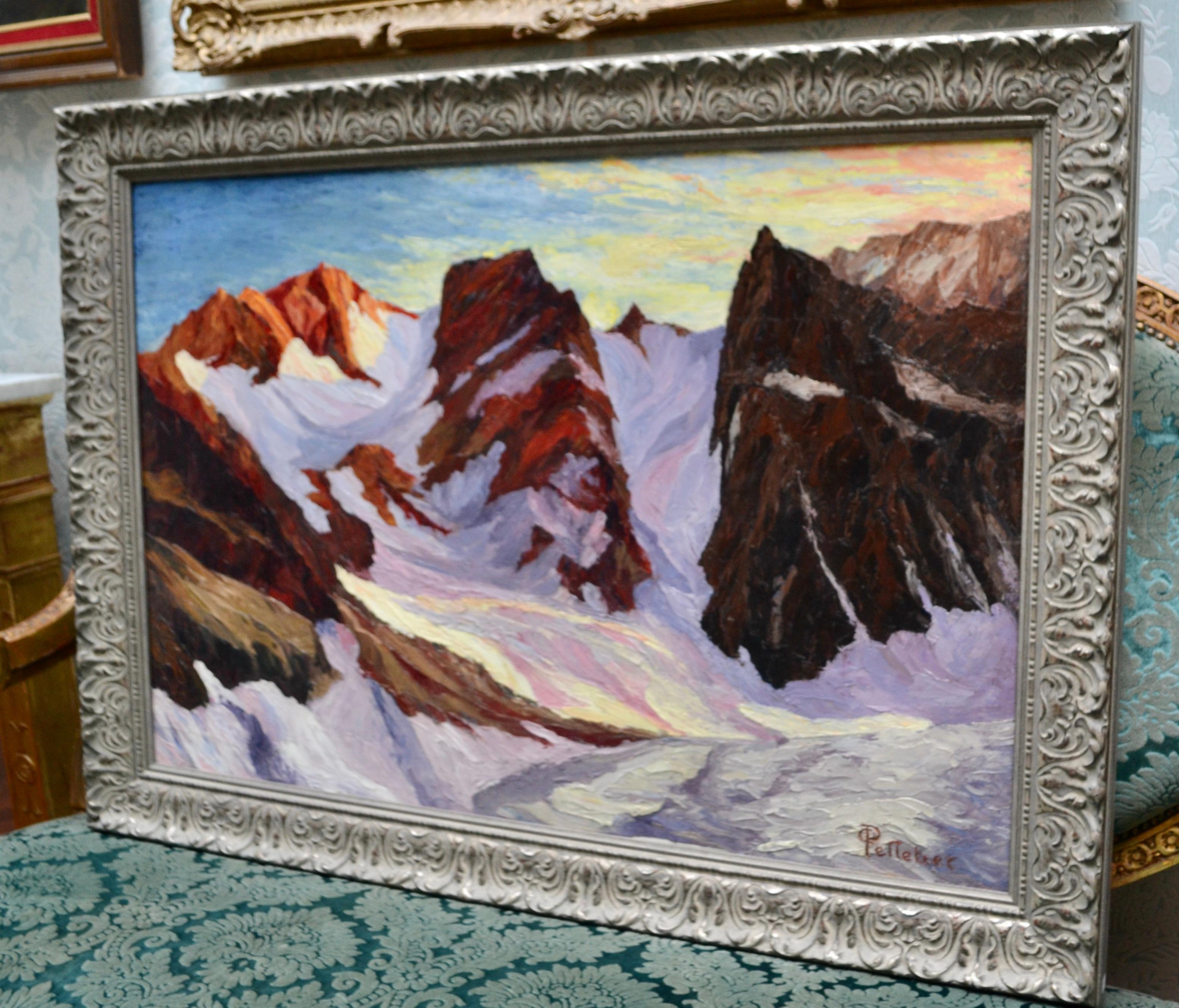 Français  Peinture à l'huile sur papier des montagnes et du glacier signée Pelletier en vente