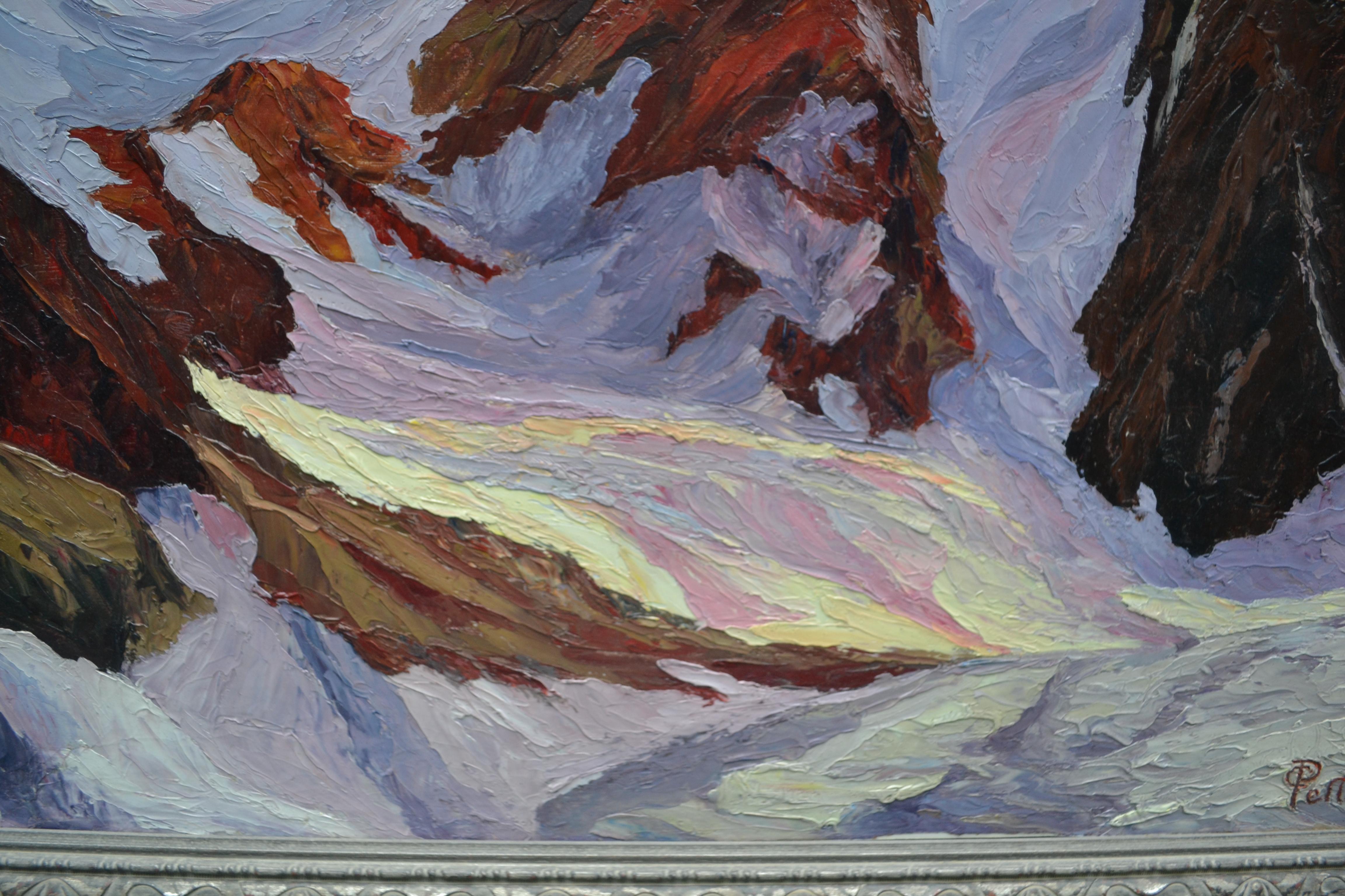  Peinture à l'huile sur papier des montagnes et du glacier signée Pelletier en vente 1