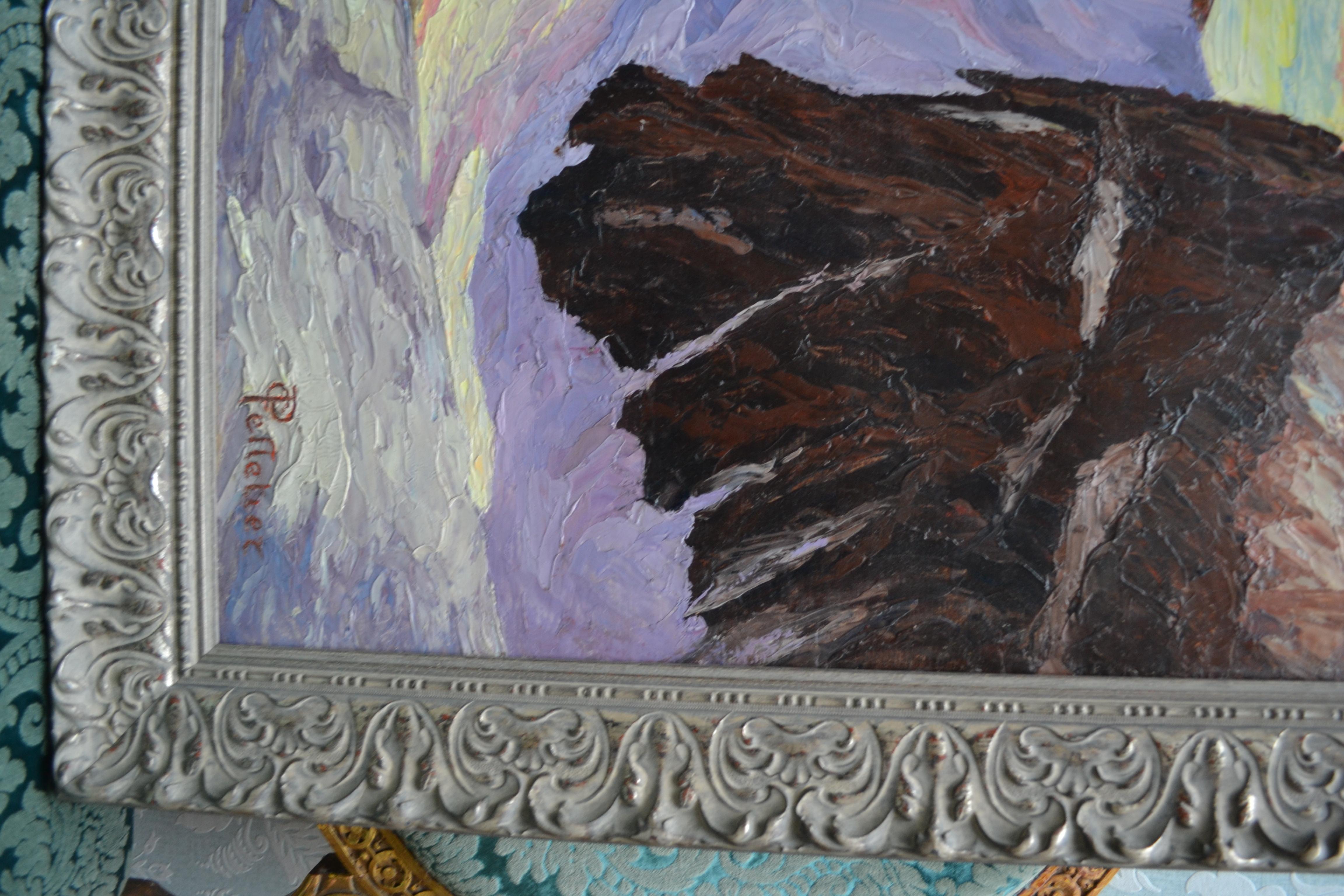 20th Century  Oil medium on paper painting of Mountains and Glacier signed Pelletier For Sale
