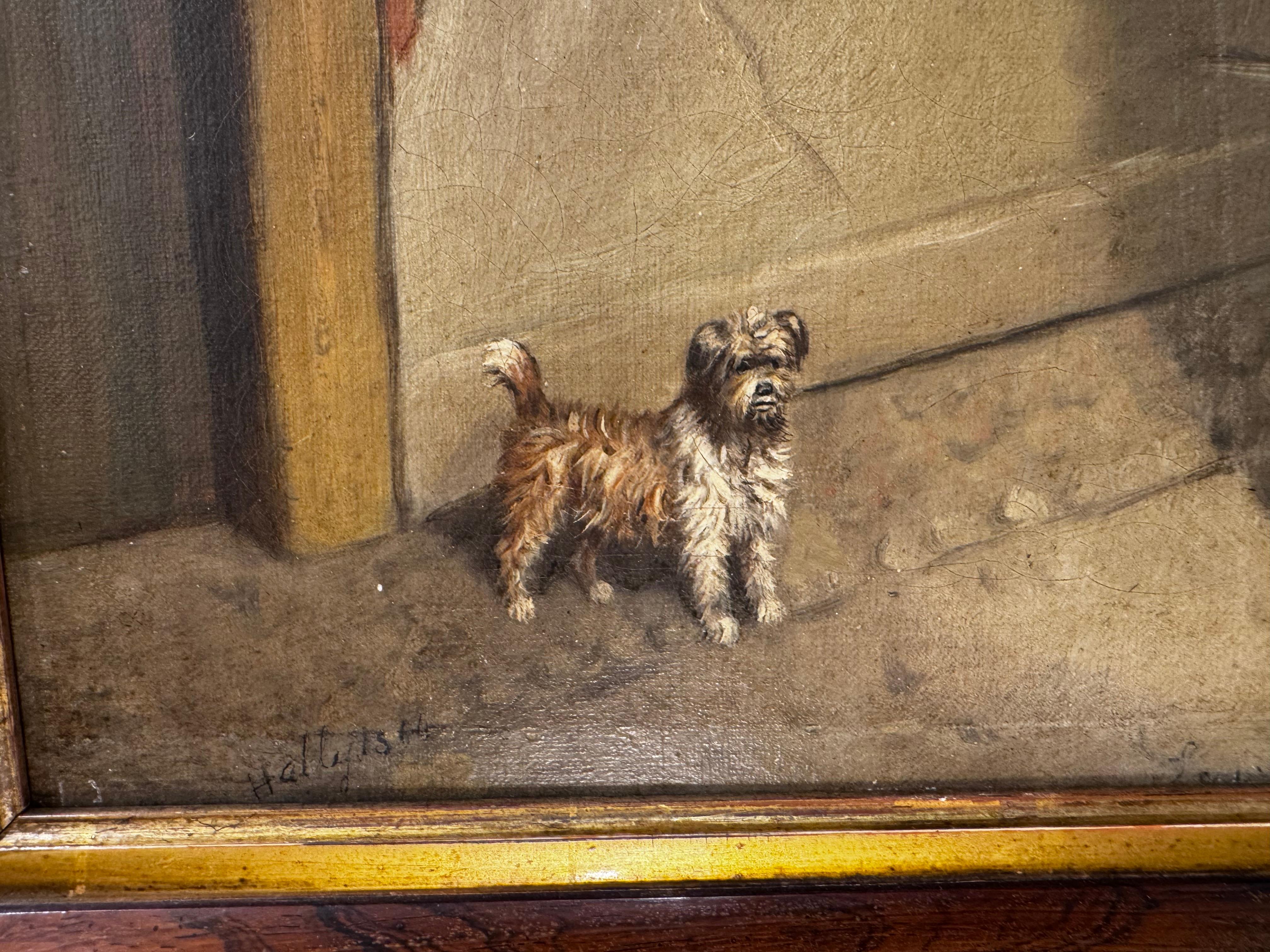 Dieses Gemälde zeigt ein klassisches Pferde- und Hundepaar! Ein fuchsfarbenes Pferd bewacht einen kleinen langhaarigen Hund. Im Hintergrund sitzen zwei Männer in roten Mänteln auf Pferden und sprechen mit zwei weiteren auf dem Boden. Ein stabiler