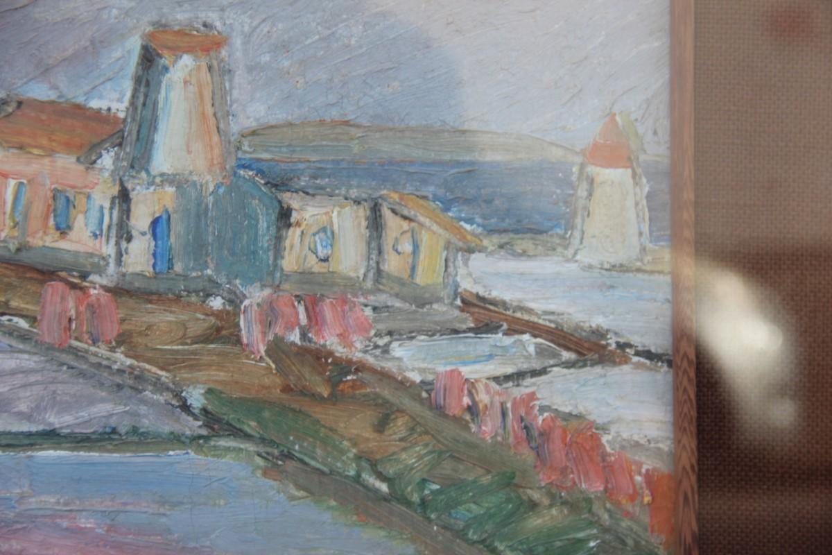 Oil of the 1960s Italian Represents the Saltworks of the Island of Mozia Trapani For Sale 4