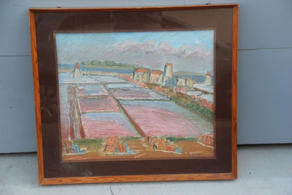 Oil of the 1960s Italian Represents the Saltworks of the Island of Mozia Trapani For Sale 5
