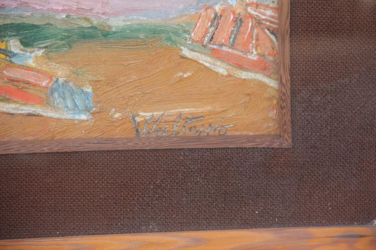 Oil of the 1960s Italian represents the saltworks of the island of Mozia Trapani, Signed Wultanio.
