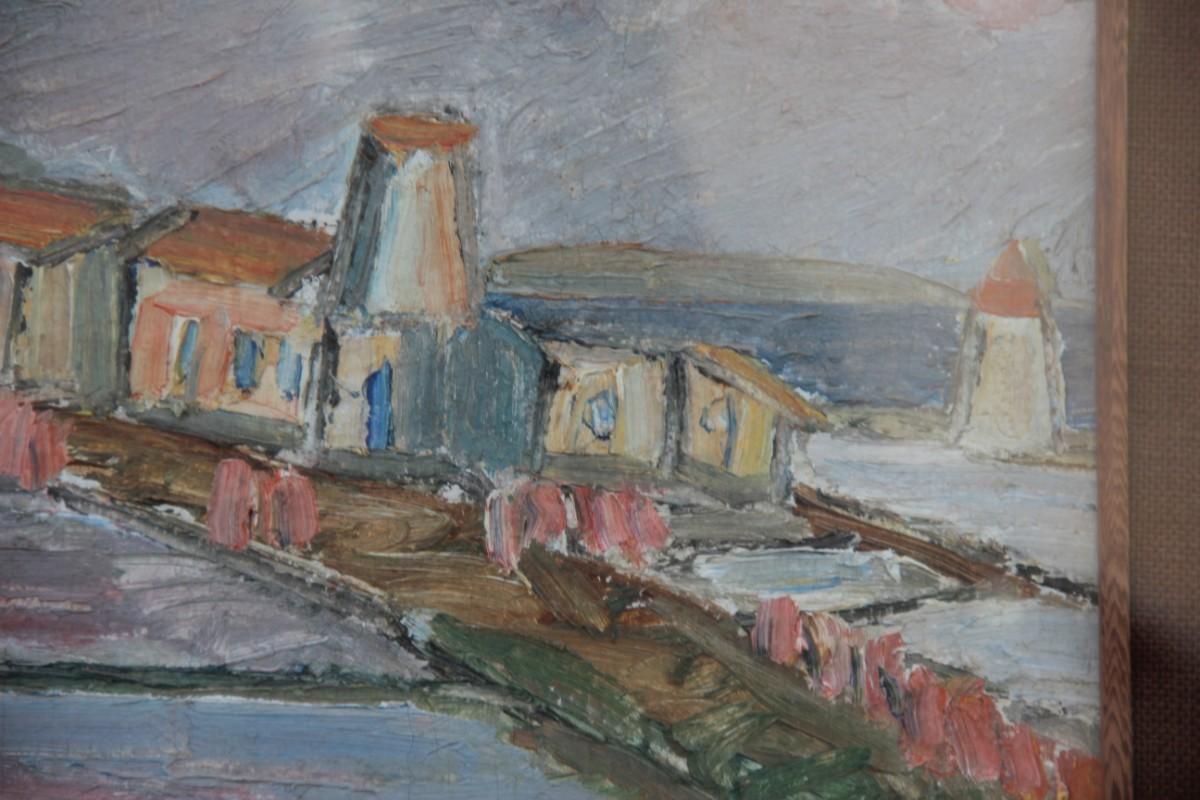 Oil of the 1960s Italian Represents the Saltworks of the Island of Mozia Trapani In Good Condition For Sale In Palermo, Sicily