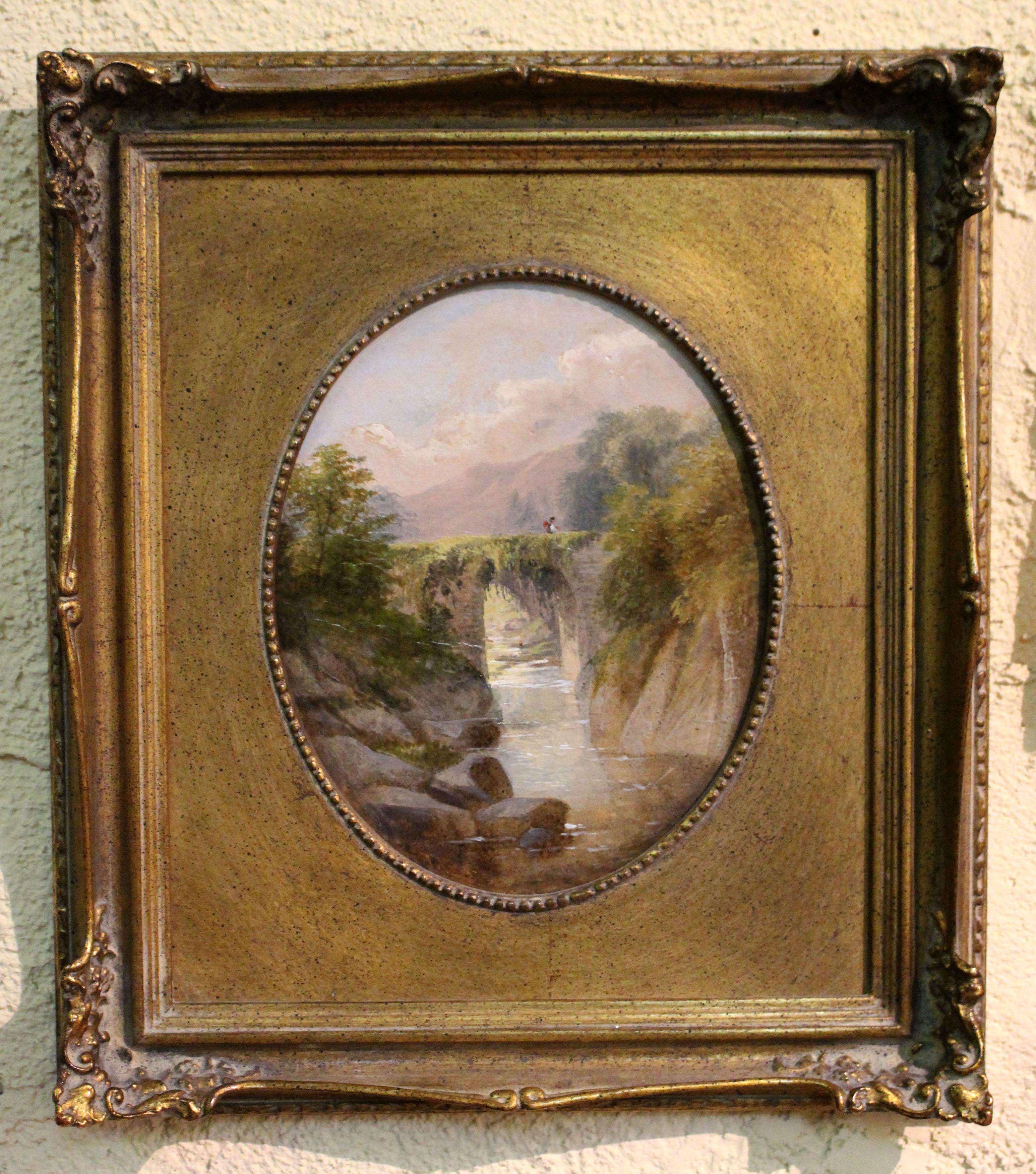 An elegant oval oil on artist's board of Ponty Glen, Wales, signed on reverse and initialed lower left - W.B. Henley. Sales of painting are well documented and recent research suggests he is William Bidwell Henley, who died young in 1856 just as he