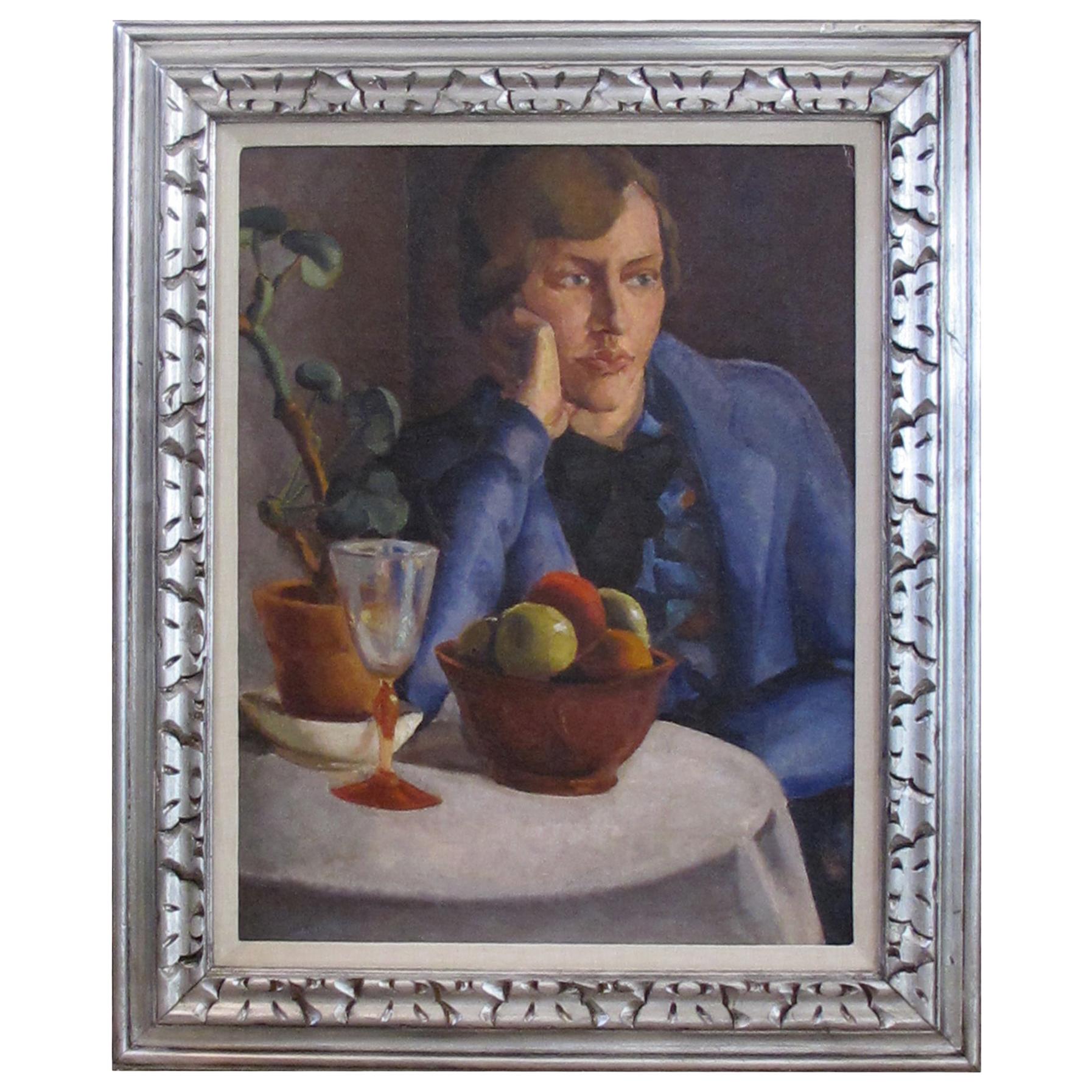 Oil on Board, a Finely Rendered Continental Art Deco Painting of a Seated Woman For Sale
