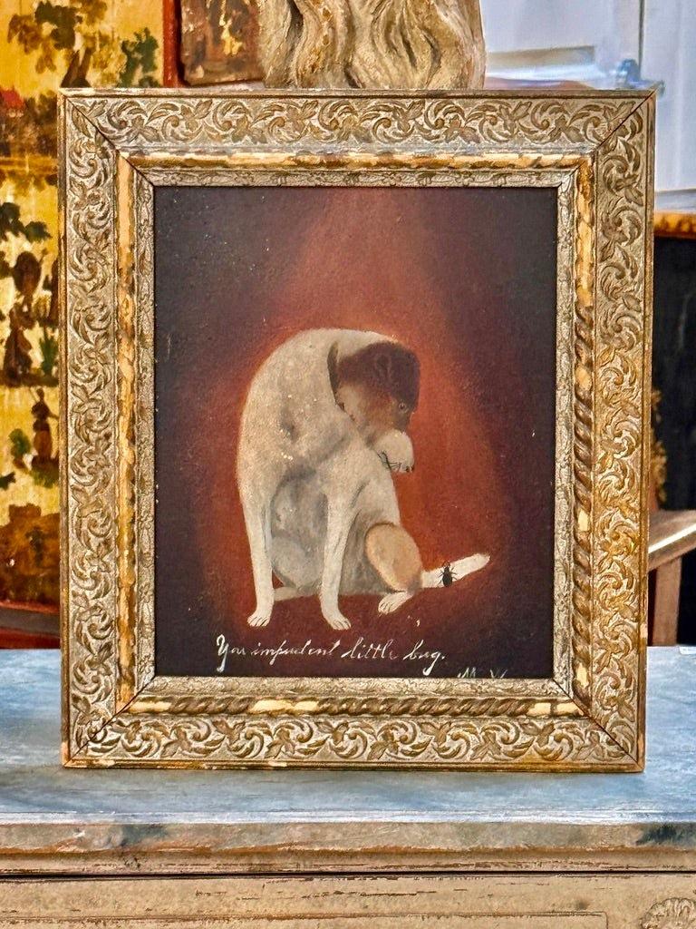 Öl auf Karton, ein kleiner Hund und ein Käfer, 19. JahrhundertDein frecher kleiner Käfer Signiert MW (lr) Öl auf Karton 11 x 8 3/4 Zoll 

