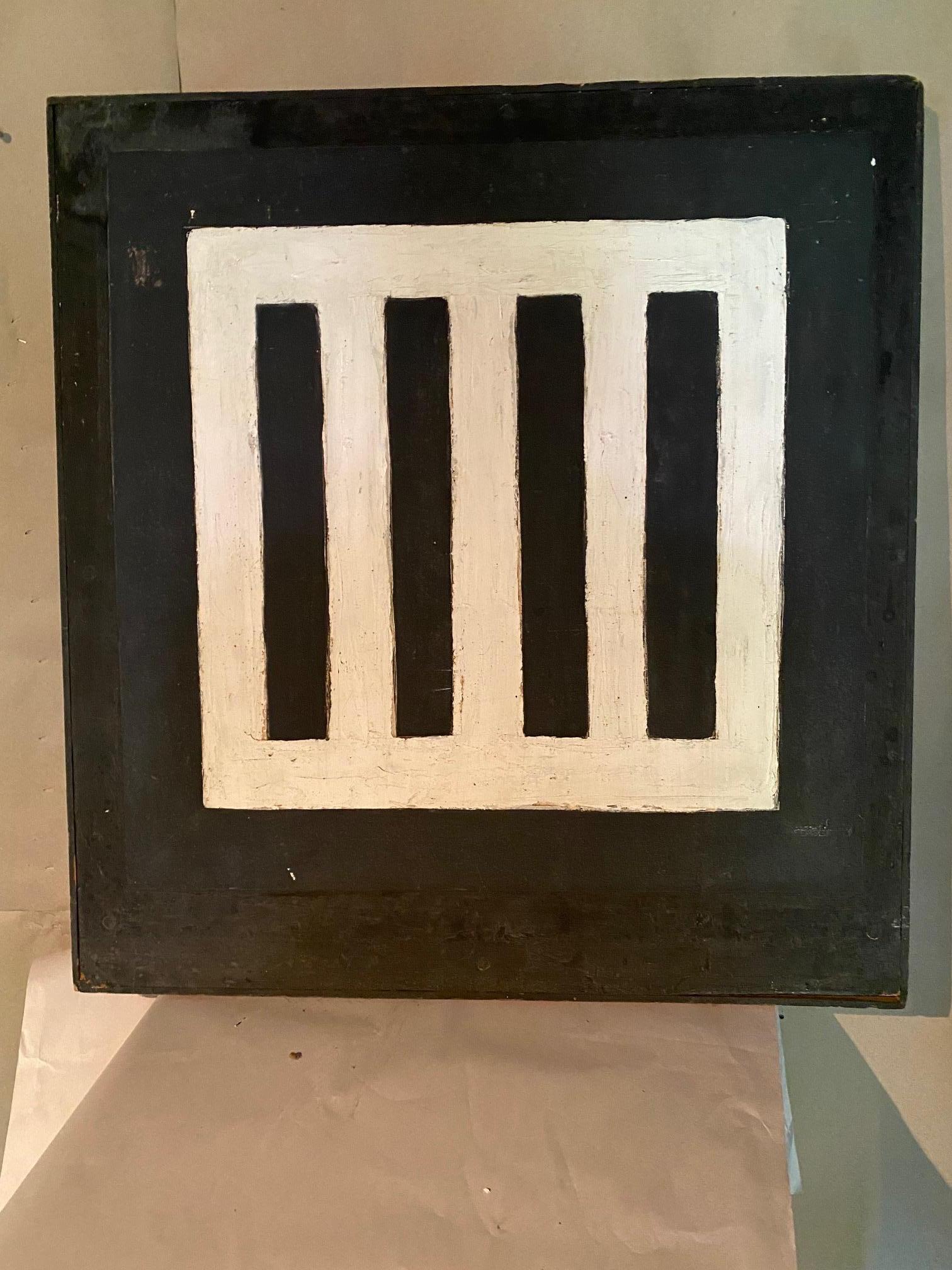 Oil on board abstract black and white painting by Louise Pershing
Signed L Pershing on yellow card of 3rd annual Abstract Exhibition in New Hope PA
