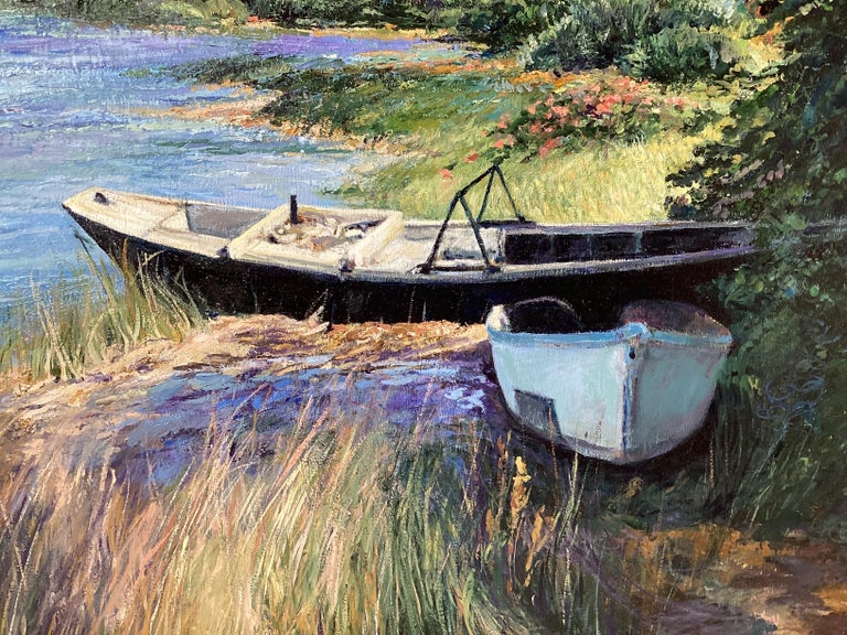 Oil on Board Afternoon Study, The Black Boat In Excellent Condition For Sale In Lambertville, NJ