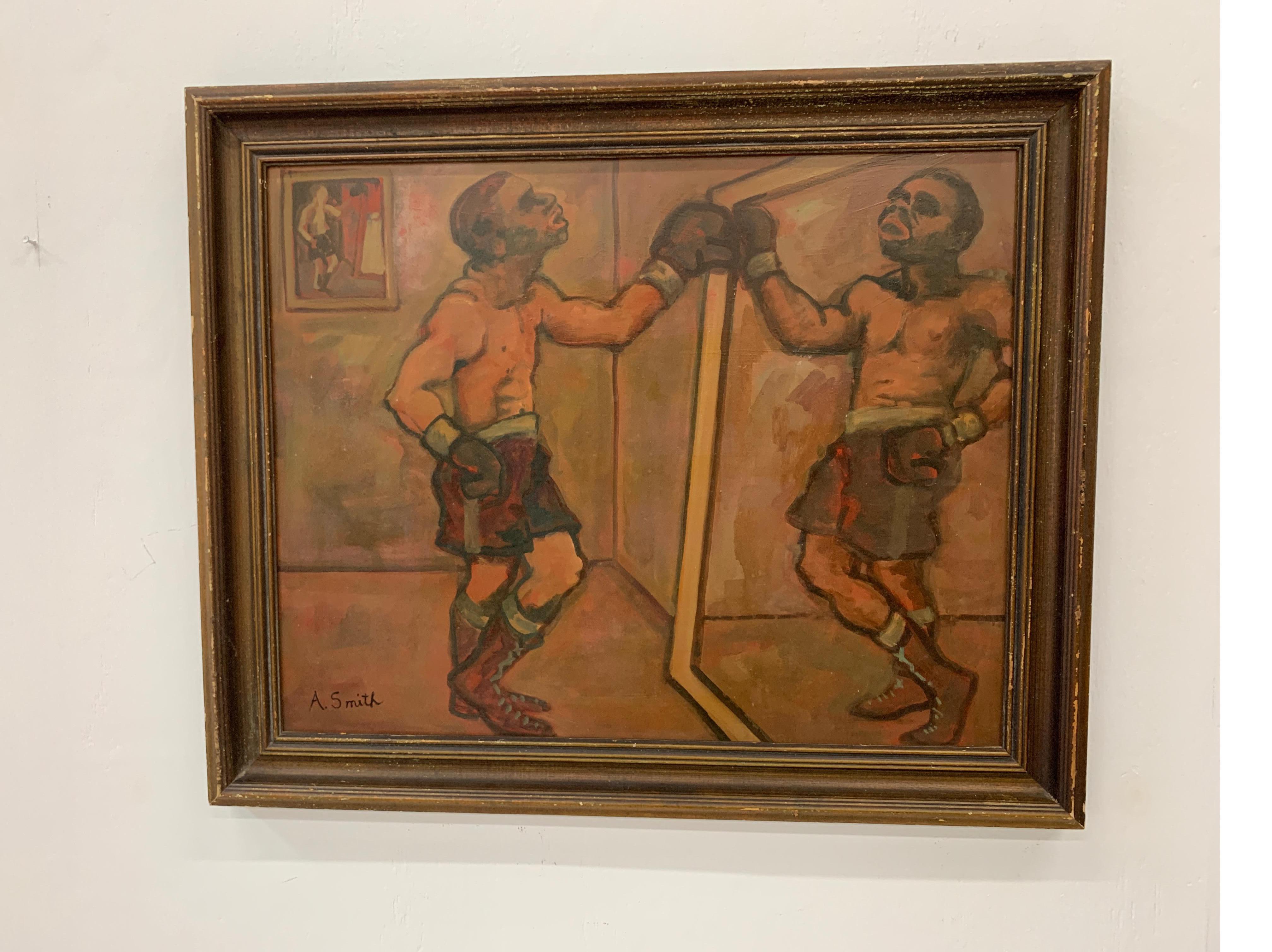 Large oil on board circa 1940 by listed artist Arthur Smith (1897-1972) portraying a boxer in front of a mirror.