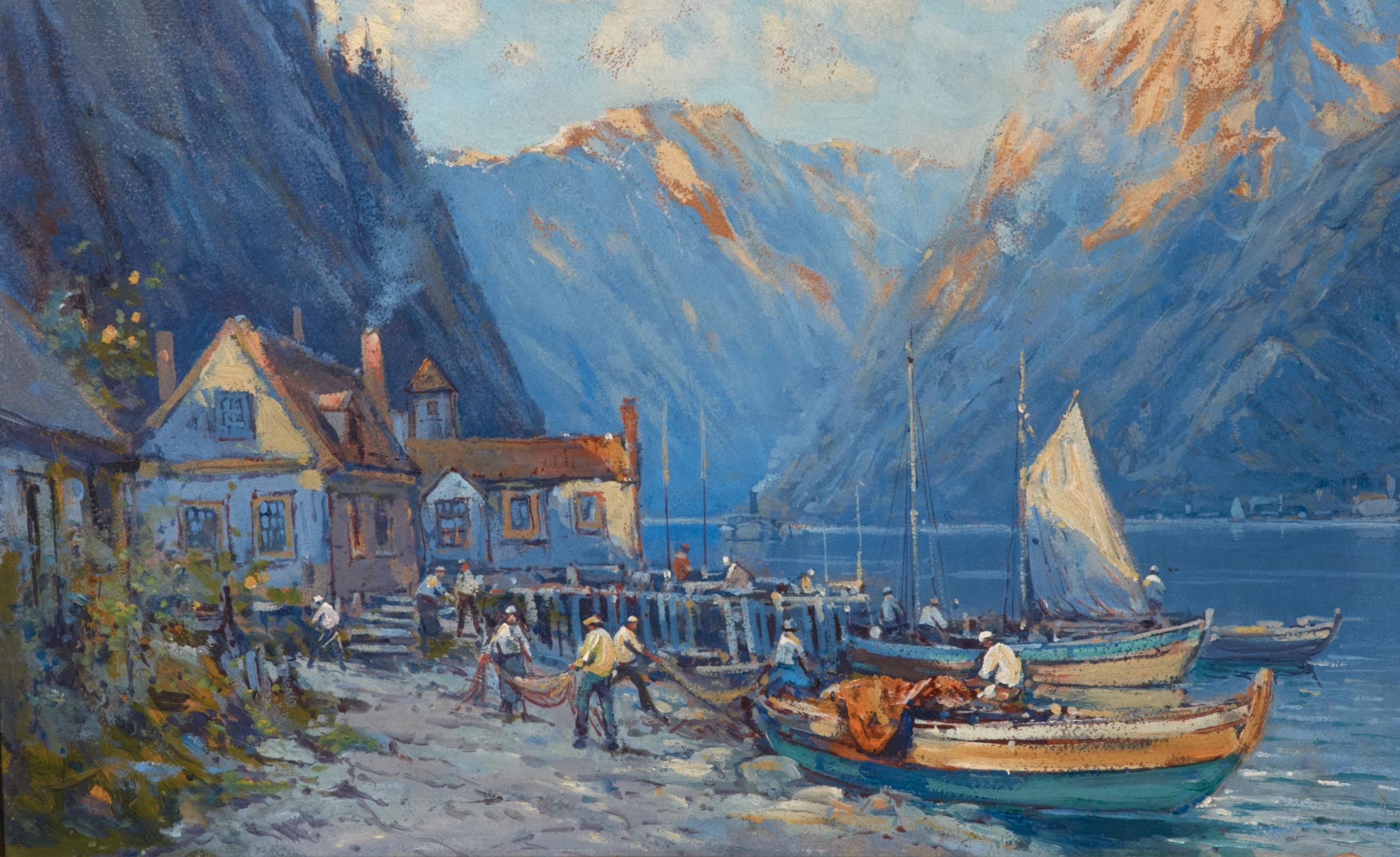 Striking oil on board by Arthur Vidal Diehl (1870-1929) well listed American artist.
Dated 1925 lower right next to the artist's signature. Beautiful use of blue creates a peaceful setting where fishermen work. Colors are bright and condition is