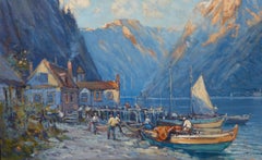 Oil on Board by Arthur Vidal Diehl Mountains and Harbor