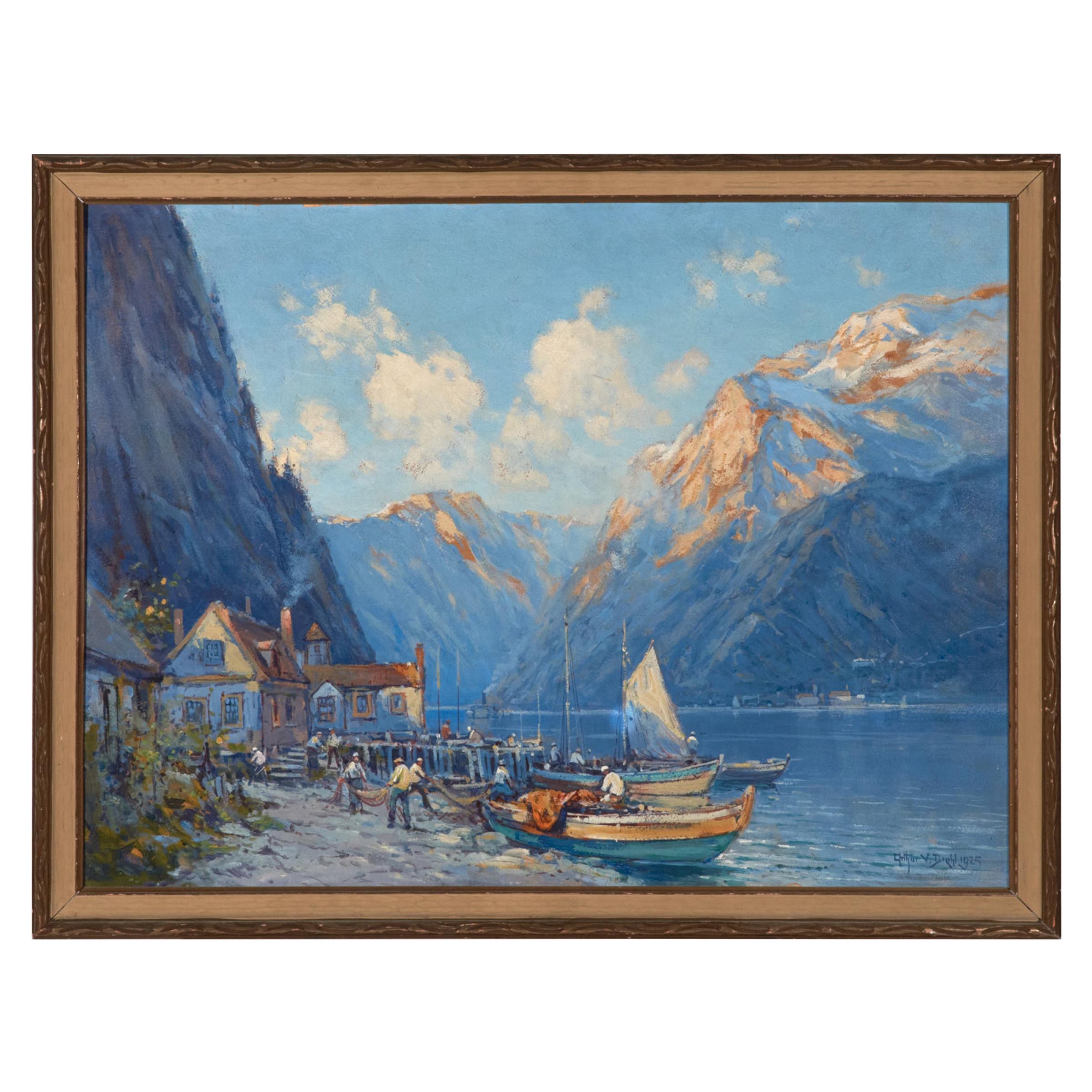 Oil on Board by Arthur Vidal Diehl Mountains and Harbor
