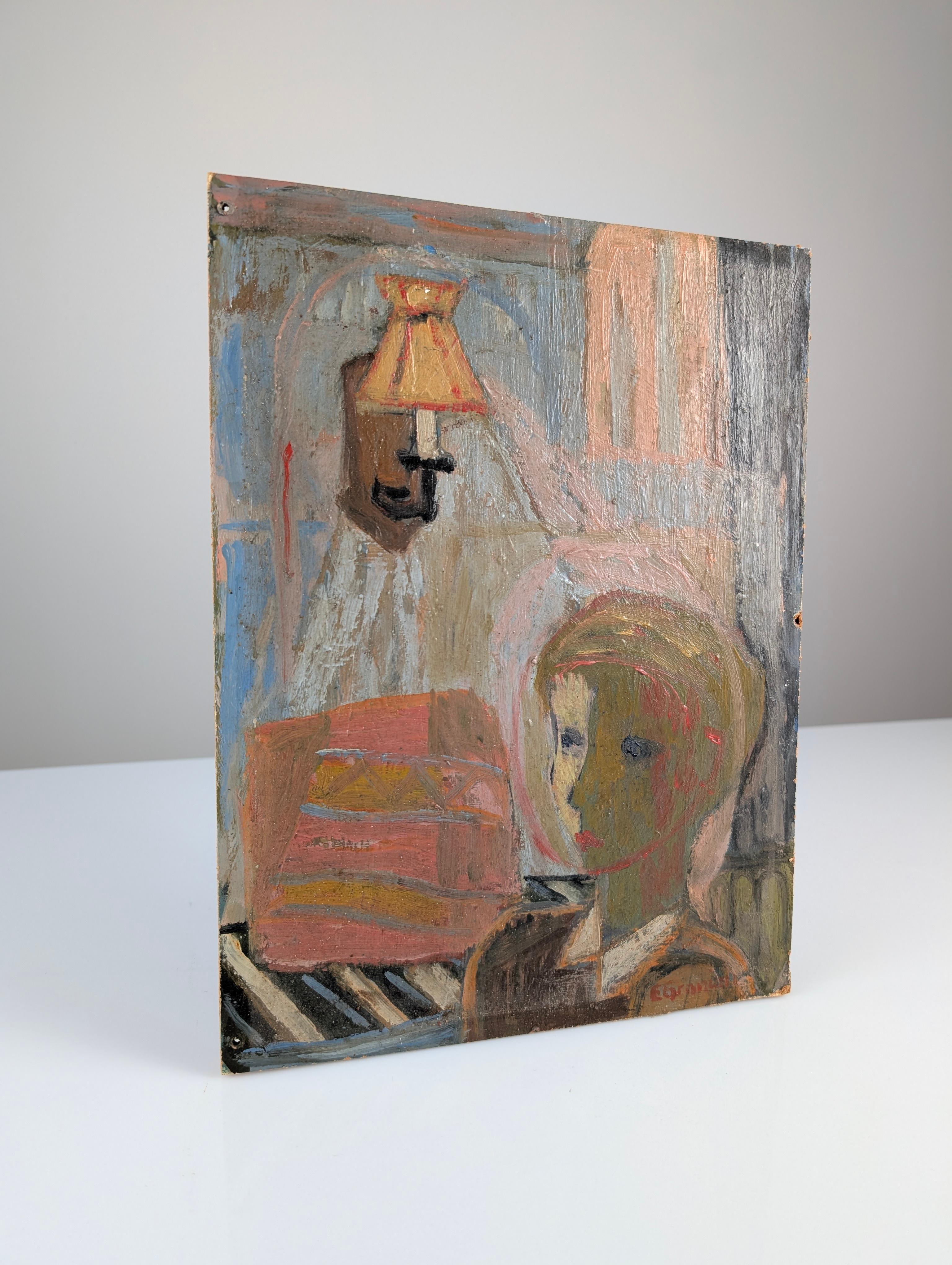 Original work by the renowned Norwegian painter Einar Granum (1920-1992), executed in oil on board. With an immersive composition and a subtly expressive color palette, this piece encapsulates Granum’s pictorial style, blending energetic