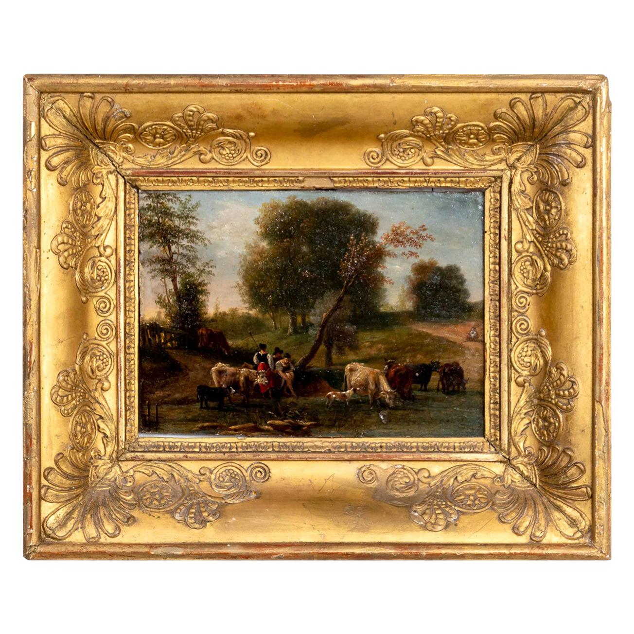 Oil on Board by Guillaume Frederik Ronmy Titled "Watering the Cows" For Sale