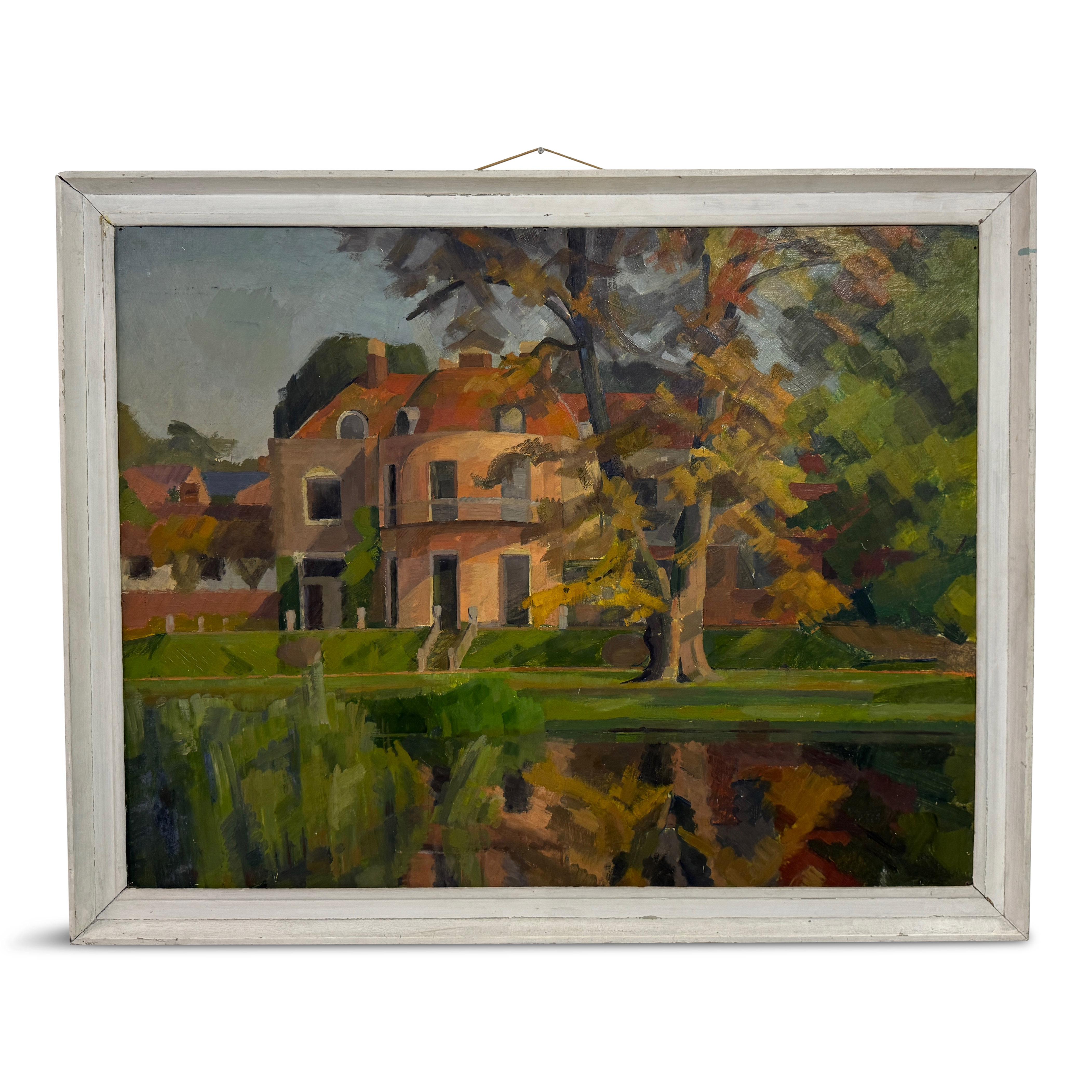 Öl auf Karton von M. Wharton, 1950er Jahre

Ein Ölgemälde von M. Wharton aus der Mitte des Jahrhunderts, das wahrscheinlich als College- oder frühes Studiogemälde in den 1950er Jahren entstand. Die Komposition zeigt ein großes Haus, das sich im