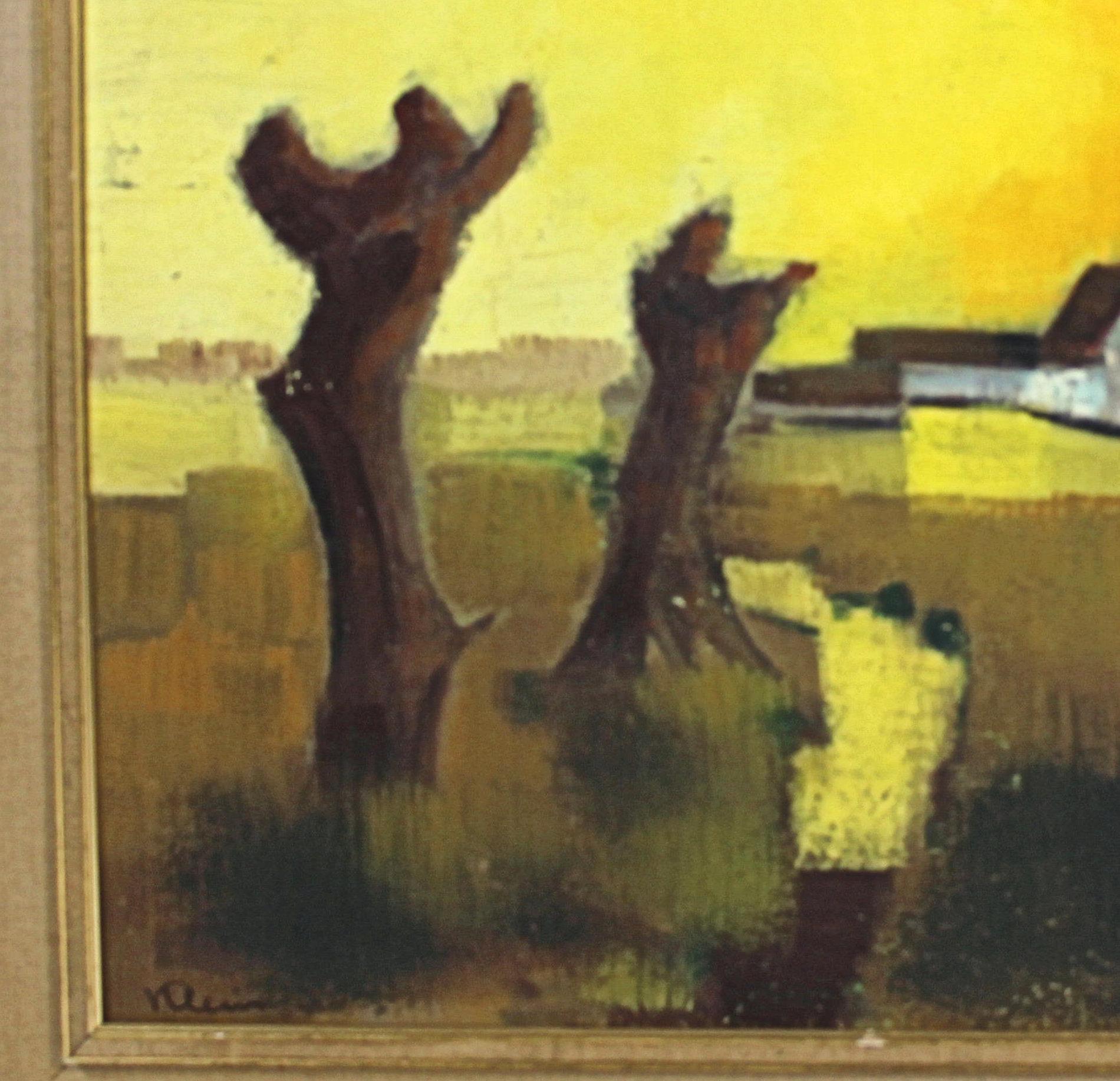 This lovely landscape of a sunset was painted by Paul Georges Klein, a 20th century French artist. (1909-1994) the painting was signed and dedicated by the artist on the back, dated 1969. This vintage piece would work well in a range of styles, both