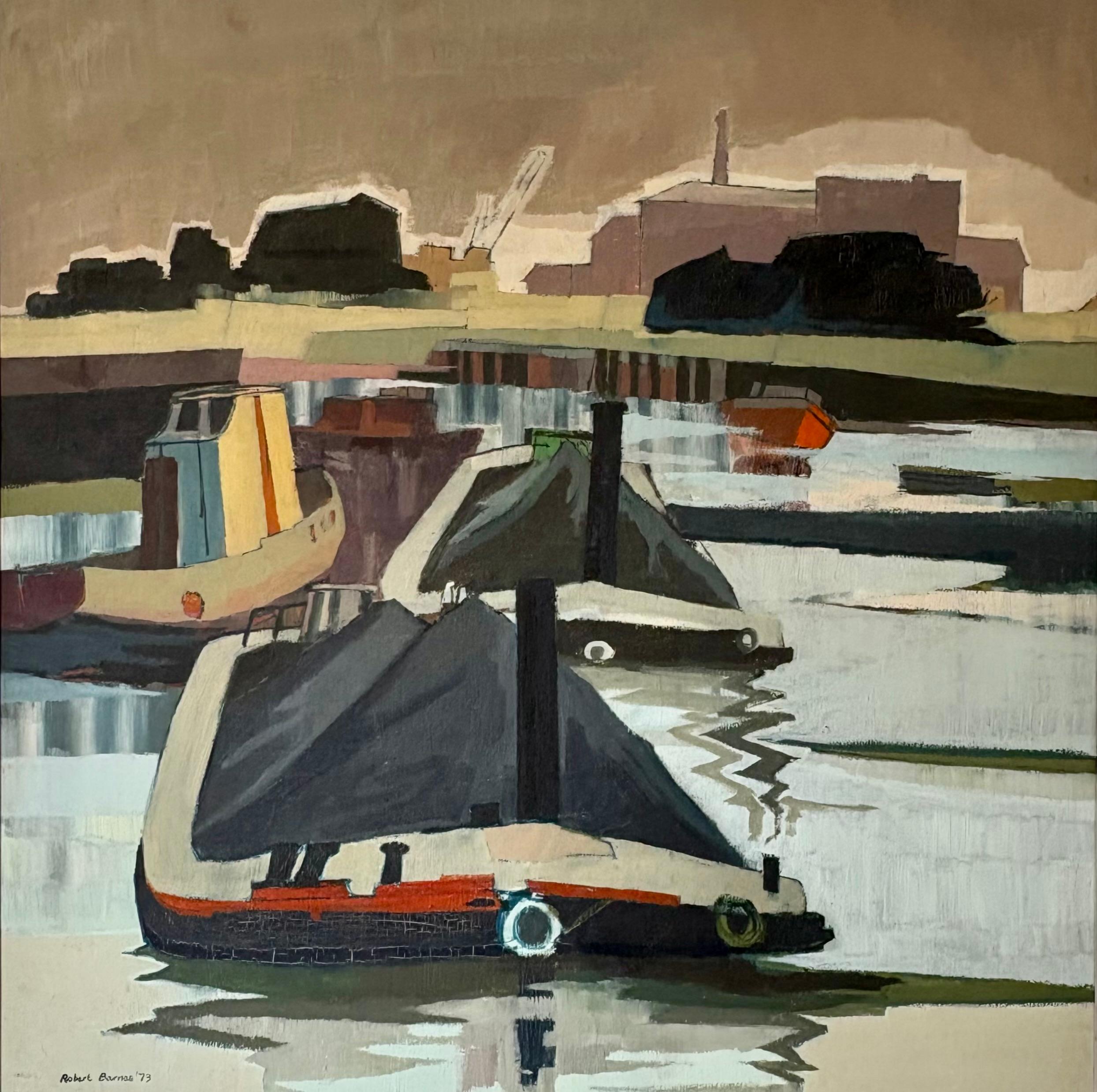 Beautiful early 1970s Post Cubist painting of coal barges on the river Clyde. 

The technique is minimalist but the barges, weighed down by their cargo are perfectly captured on their to drop off coal to the power station. 

Paired down and bold the