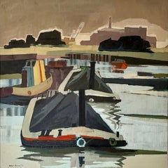 Oil on board by Robert Barnes , 1973, Coal barges on the river Clyde