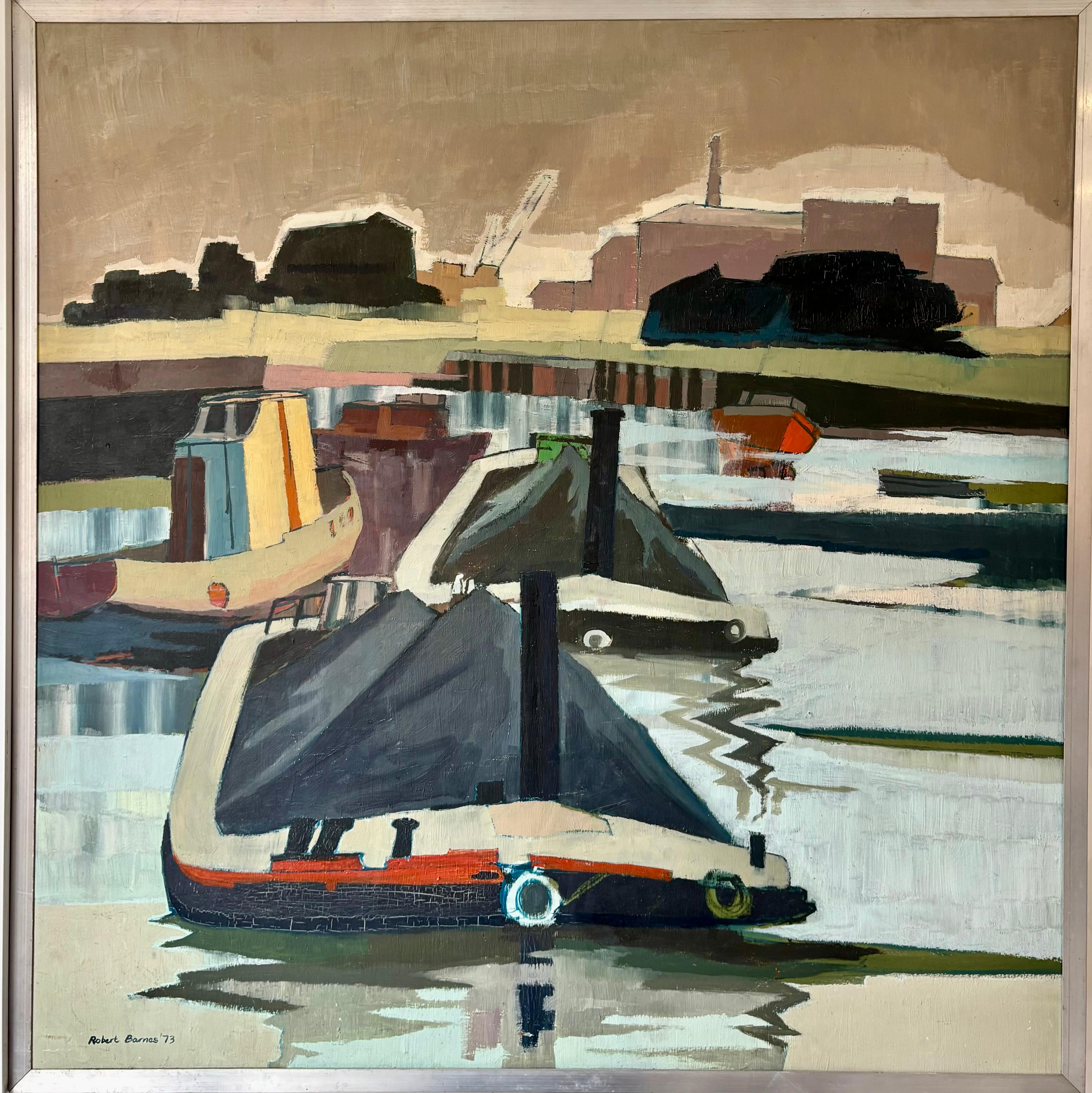 Modern Oil on board by Robert Barnes , 1973, Coal barges on the river Clyde For Sale
