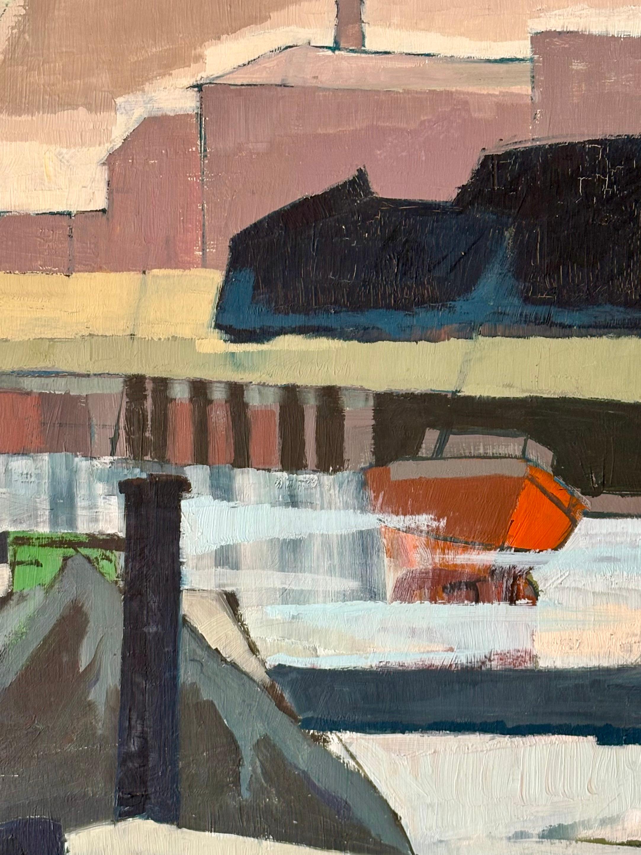 Scottish Oil on board by Robert Barnes , 1973, Coal barges on the river Clyde For Sale