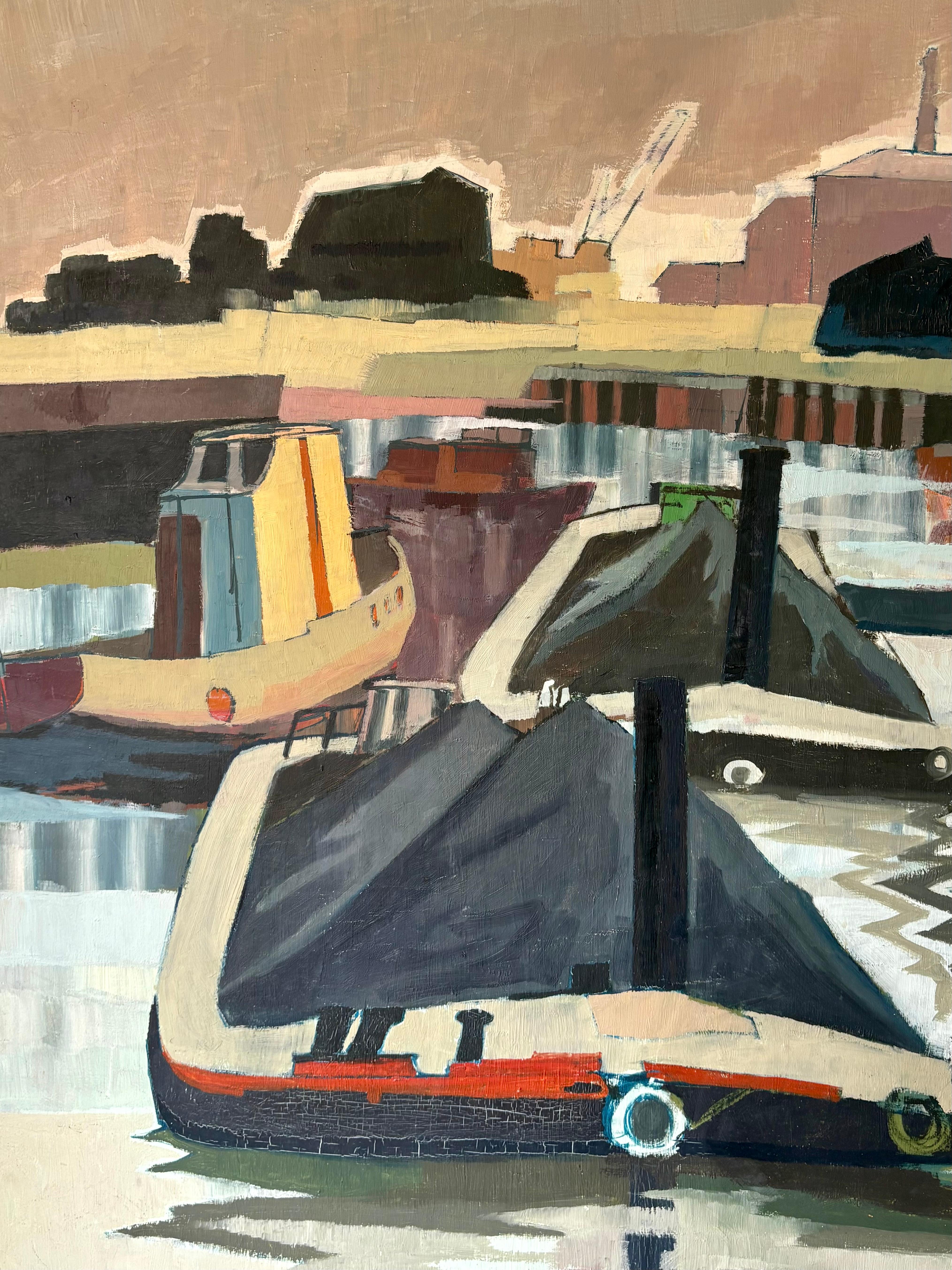 Painted Oil on board by Robert Barnes , 1973, Coal barges on the river Clyde For Sale