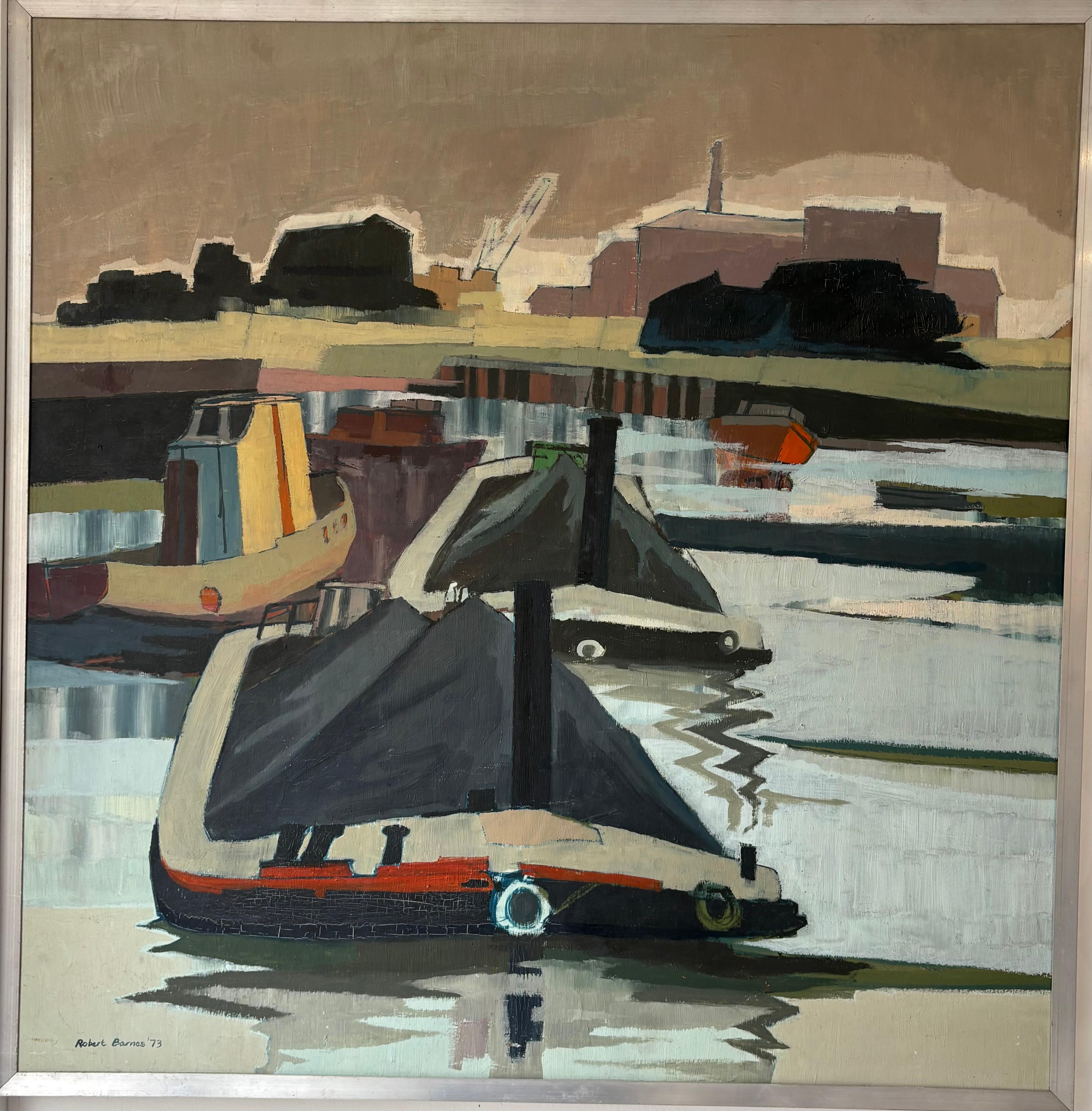 Oil on board by Robert Barnes , 1973, Coal barges on the river Clyde In Good Condition For Sale In Oxford, GB