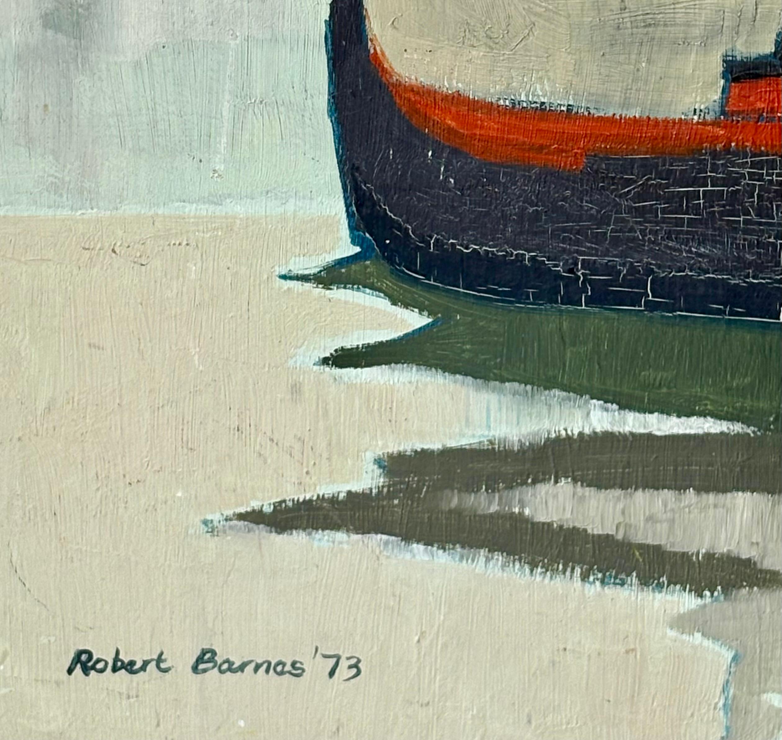 20th Century Oil on board by Robert Barnes , 1973, Coal barges on the river Clyde For Sale