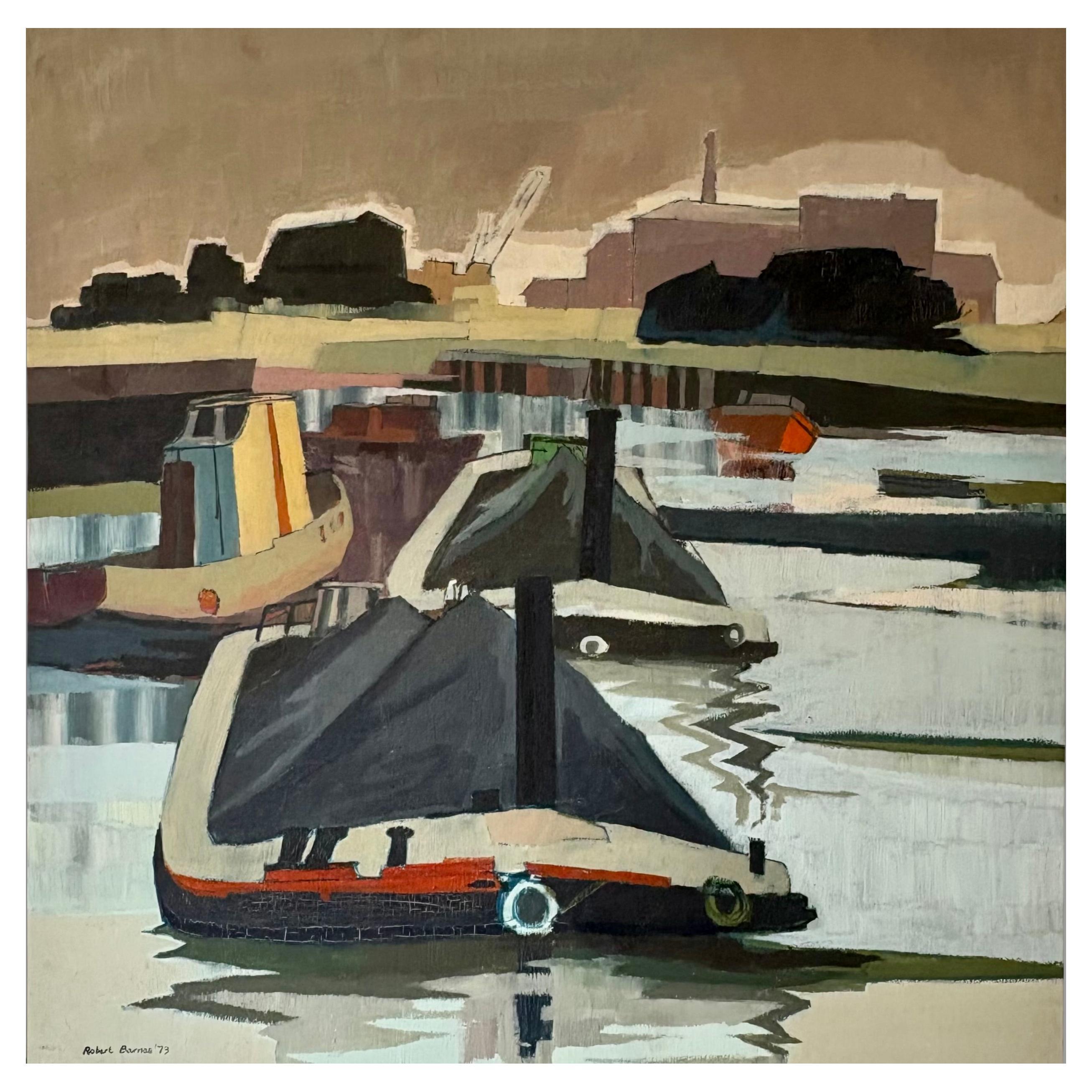Oil on board by Robert Barnes , 1973, Coal barges on the river Clyde For Sale